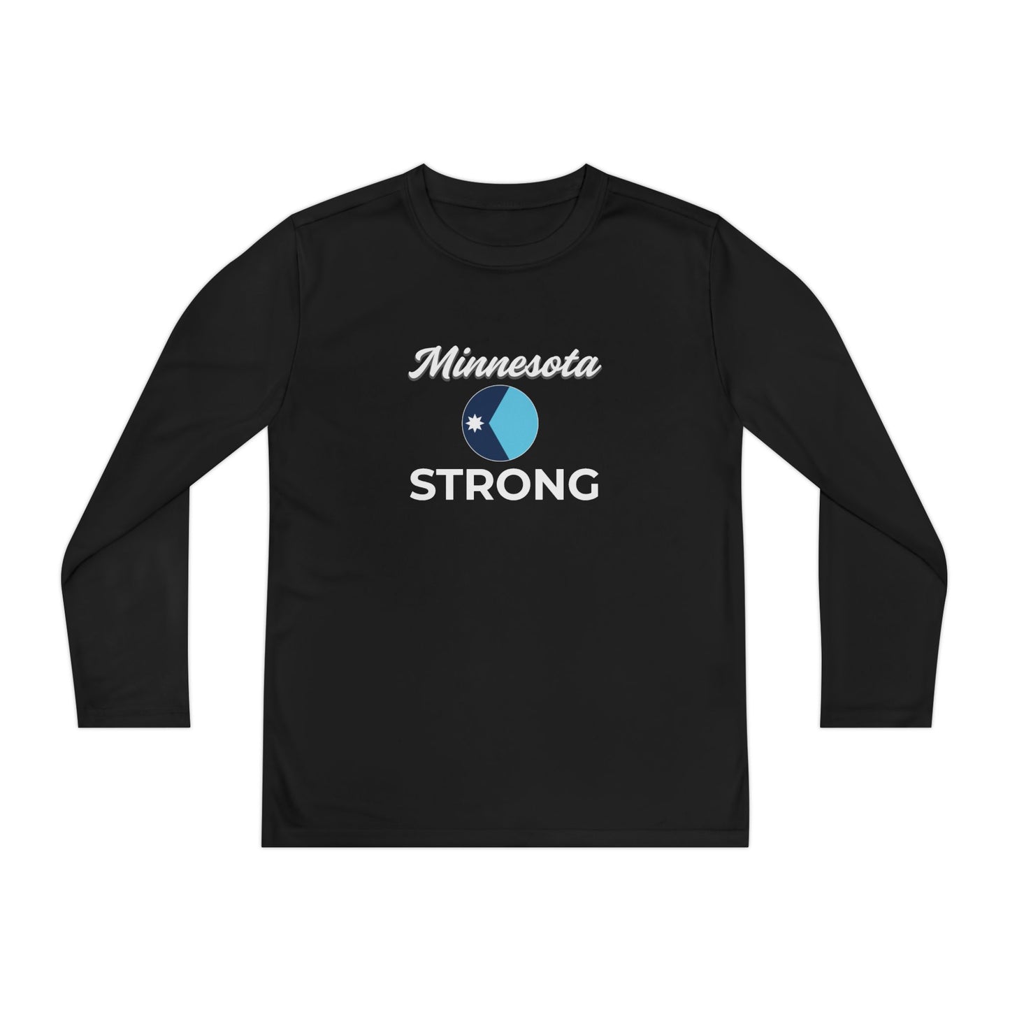 Love and Peace The Light Youth Minnesota Strong Long Sleeve Tee features Minnesota and STRONG with a circular logo, symbolizing civic courage and regional pride.