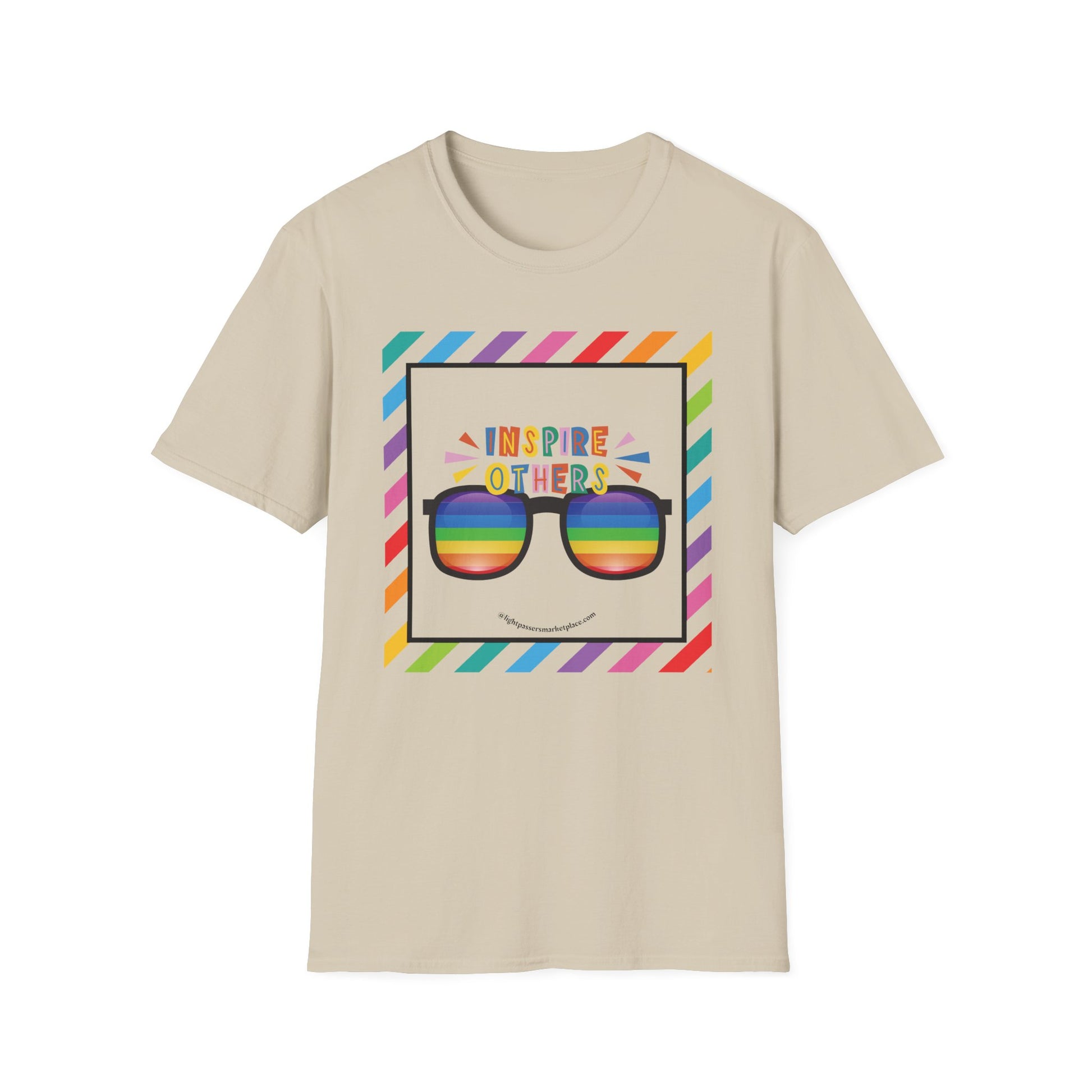 The Light Inspire Others Look T-Shirt, unisex, featuring a vibrant print celebrating positivity, perfect for casual outings or pride events. Made of soft, ethical cotton.