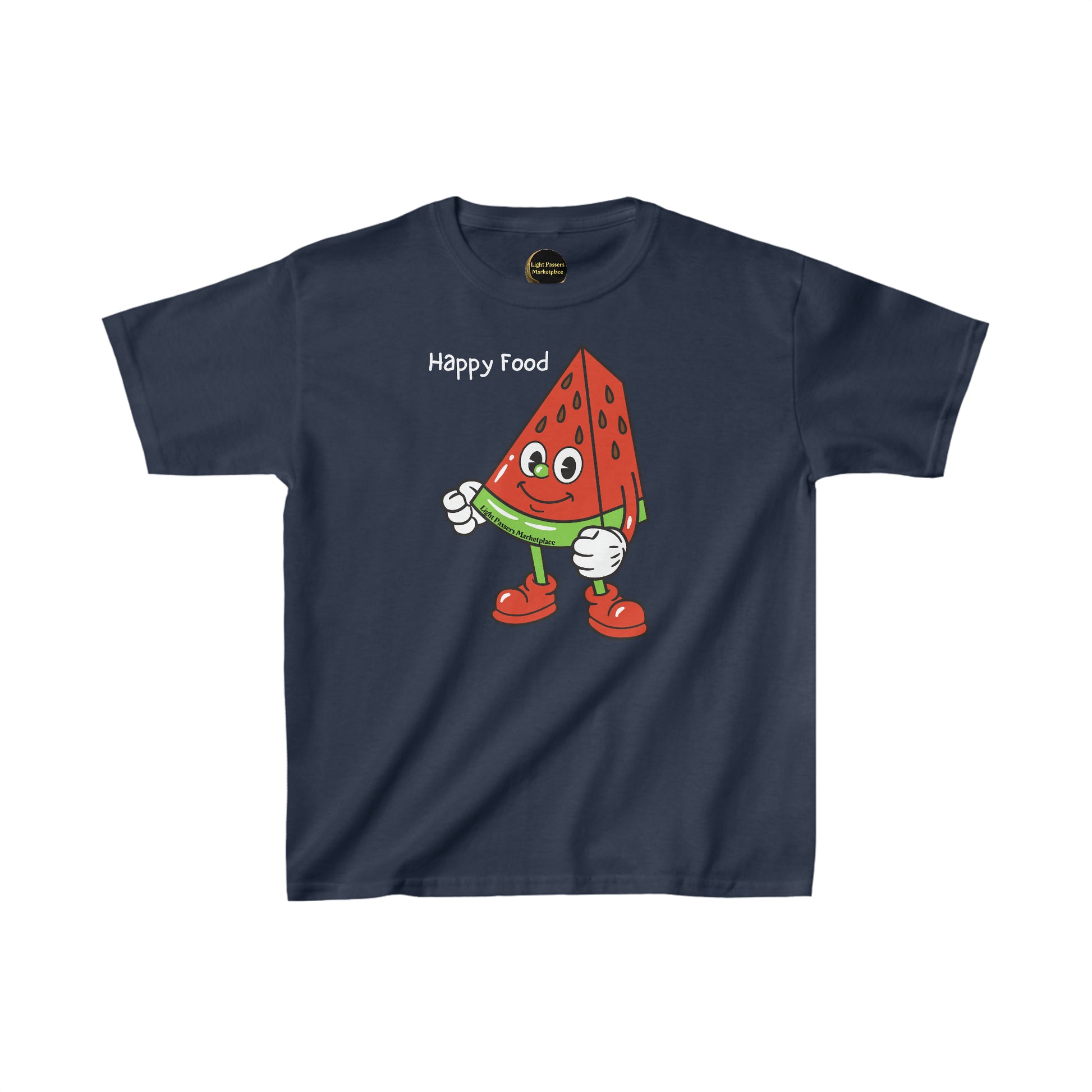 A youth t-shirt featuring a cartoon watermelon character, made of 100% cotton with twill tape shoulders for durability. Ethically sourced US cotton with tear-away labels for comfort.
