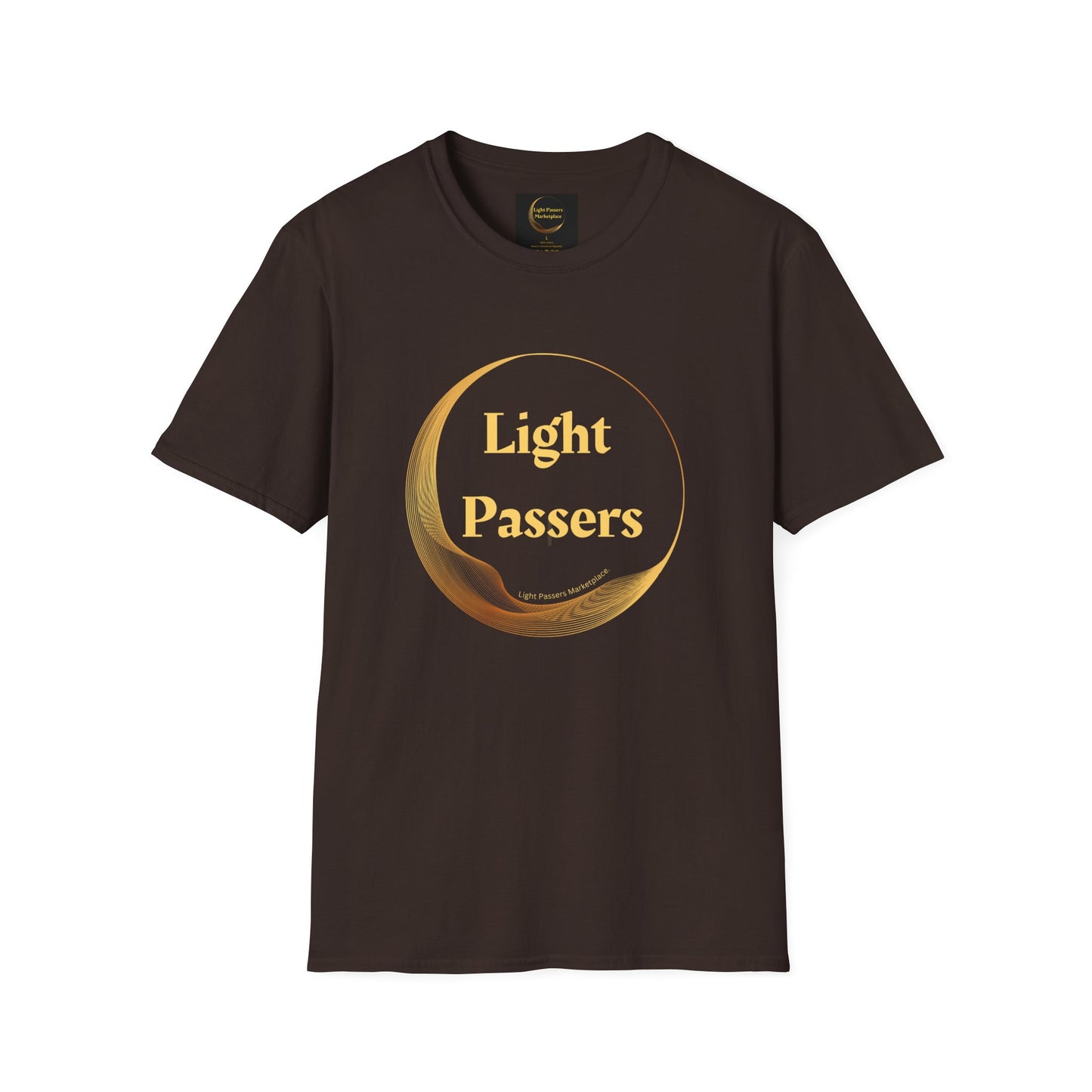 A brown unisex heavy cotton tee featuring a yellow logo design. Smooth surface for vivid printing, no side seams, tape on shoulders for durability. Light Passers Gold Logo Unisex T-shirt.