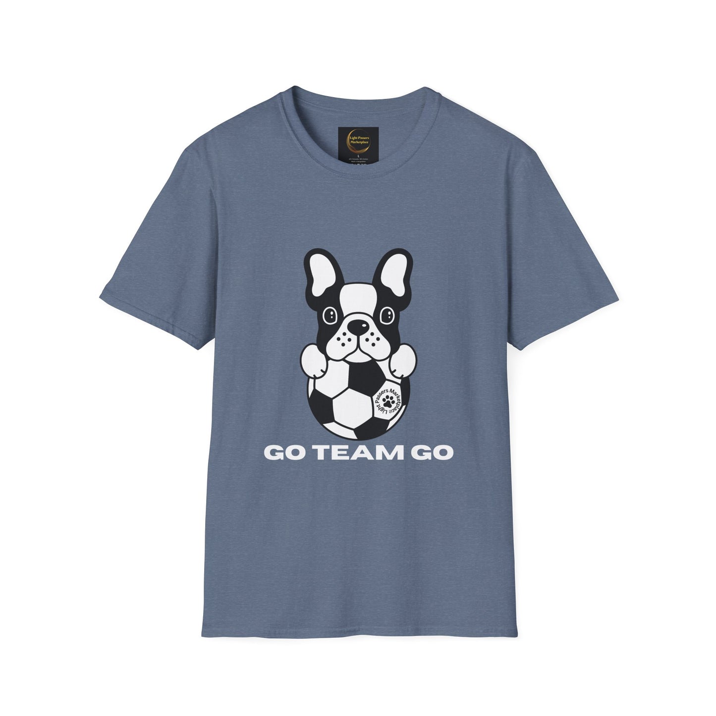 Soccer Dog Unisex T-Shirt featuring a stylized French bulldog with a soccer ball and GO TEAM GO slogan, designed for comfort with soft, durable fabric.