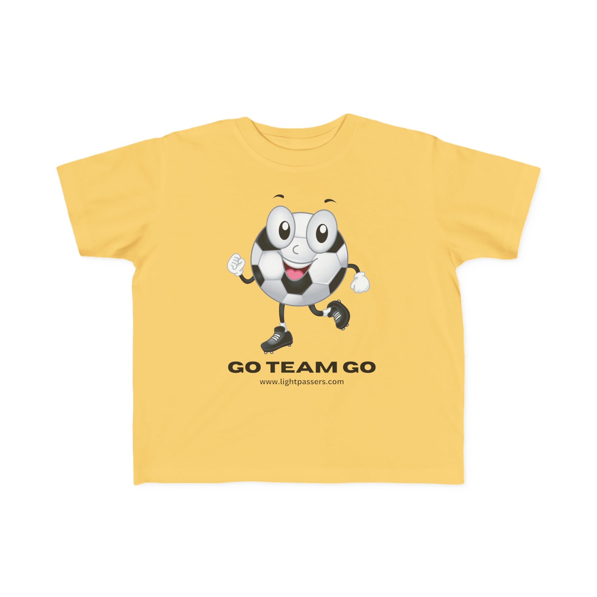 A Soccer Ball Guy Toddler T-shirt featuring a cartoon football ball print on a yellow tee. Made of 100% combed cotton, light fabric, durable print, tear-away label, and a classic fit.