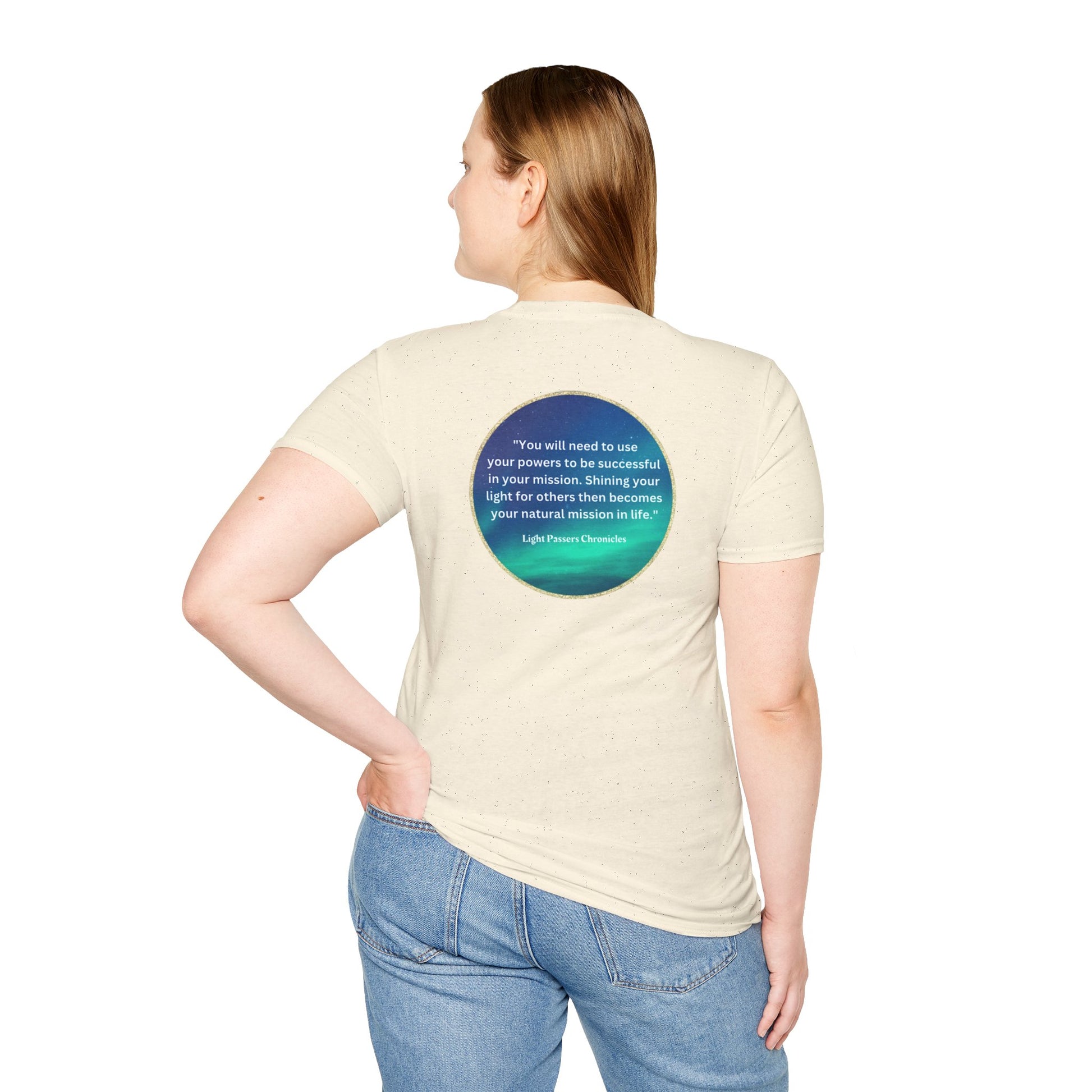 Unisex heavy cotton tee featuring a turquoise circle design on the back. Smooth surface for vivid printing, no side seams, tape on shoulders for durability.