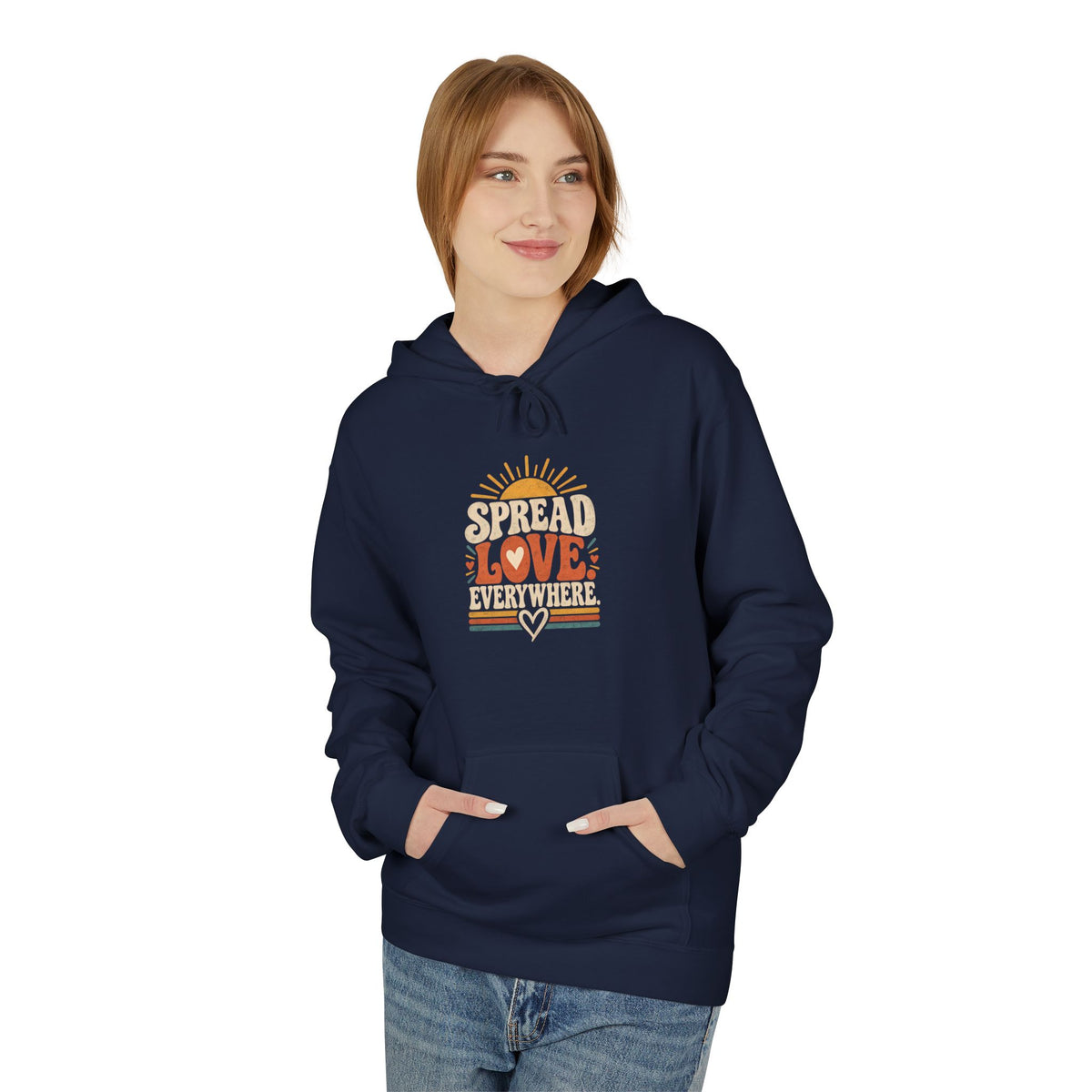 Adult Unisex Spread Love Everywhere Hoodie — Retro Sun Heart Graphic