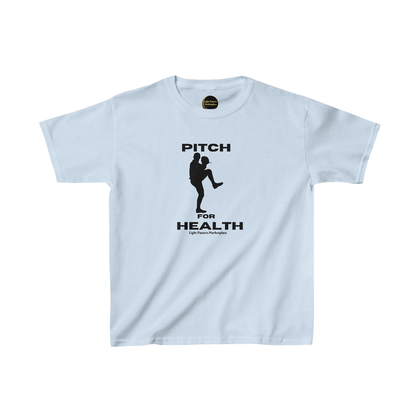 A white youth cotton t-shirt featuring black text and a silhouette of a man and child. Made of 100% cotton with twill tape shoulders and ribbed collar for durability.