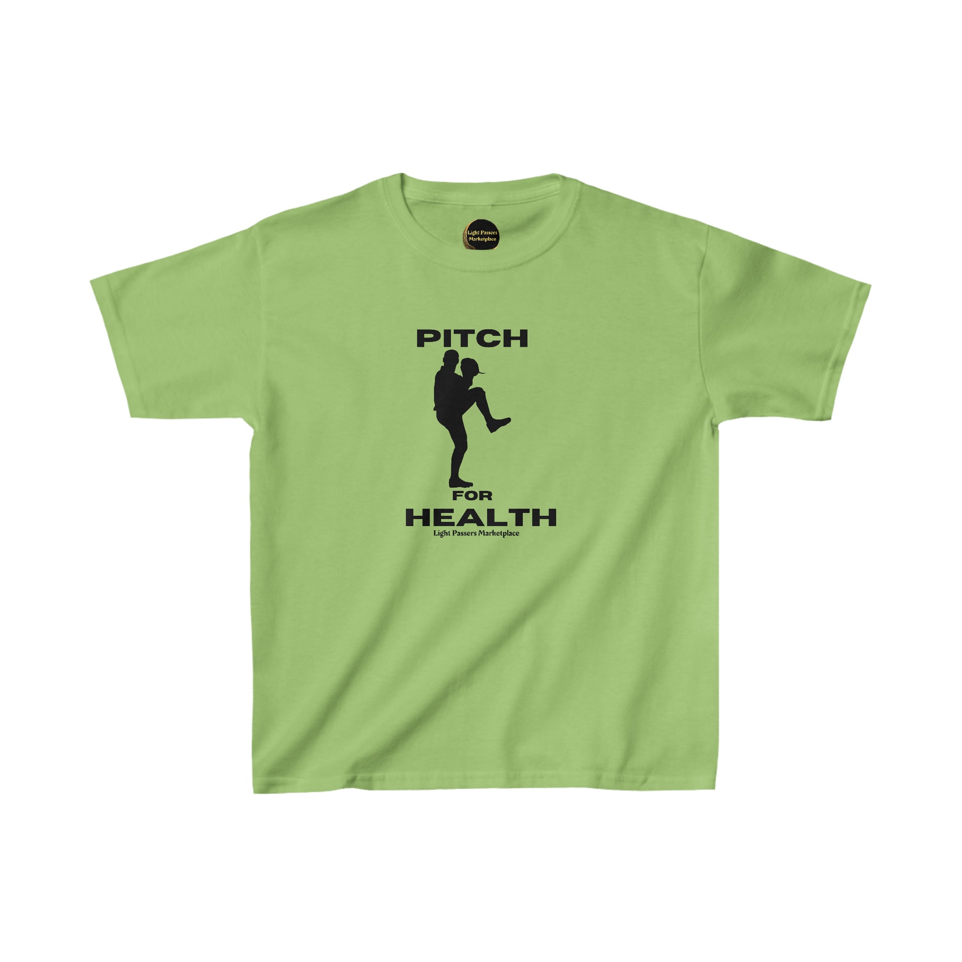 A green youth cotton t-shirt with black text and a graphic. Made of 100% cotton for solid colors, featuring twill tape shoulders for durability and a curl-resistant collar.