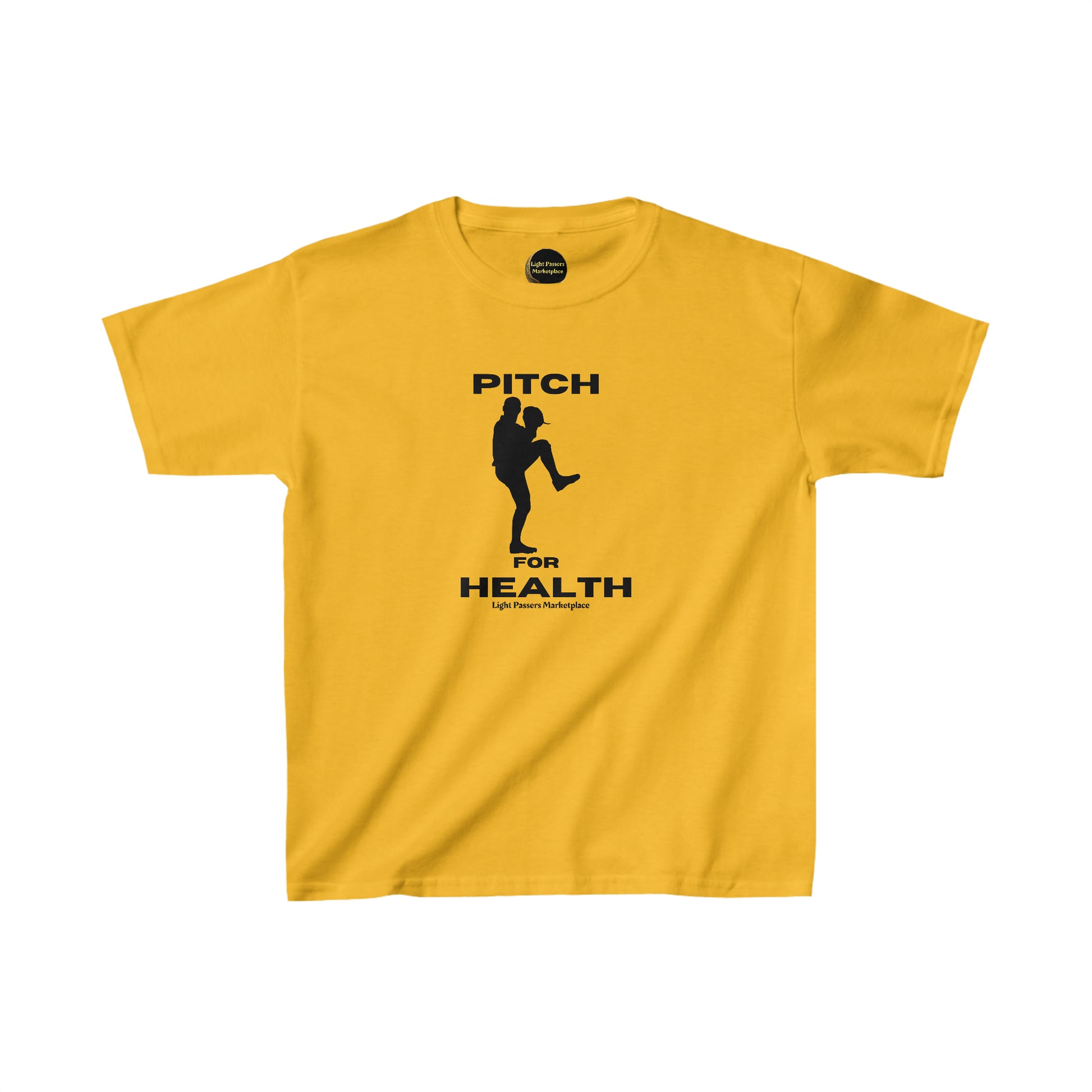 A youth cotton t-shirt featuring a black graphic on yellow fabric. Made of 100% cotton with twill tape shoulders for durability, ribbed collar, and tear-away labels for comfort.