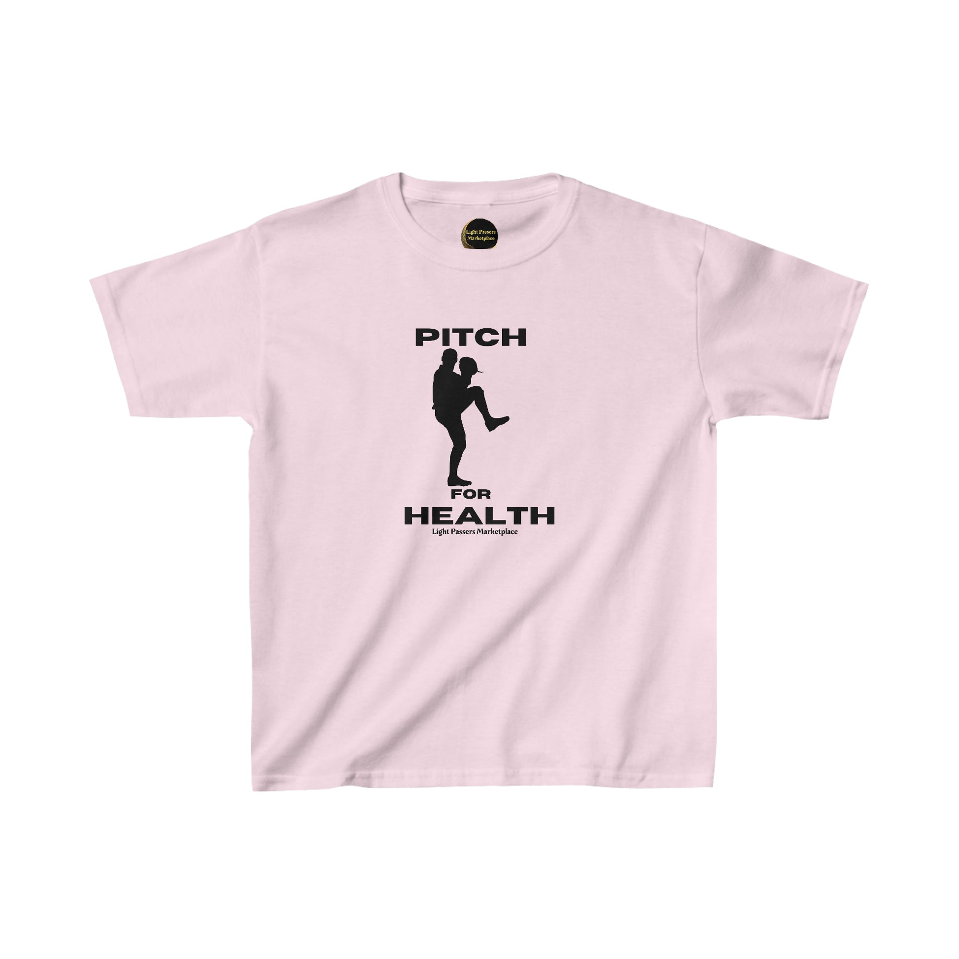 A pink youth cotton t-shirt featuring a black logo, ideal for daily wear. Made from 100% US cotton, with twill tape shoulders for durability and ribbed collar for curl resistance. Ethically sourced and Oeko-Tex certified.