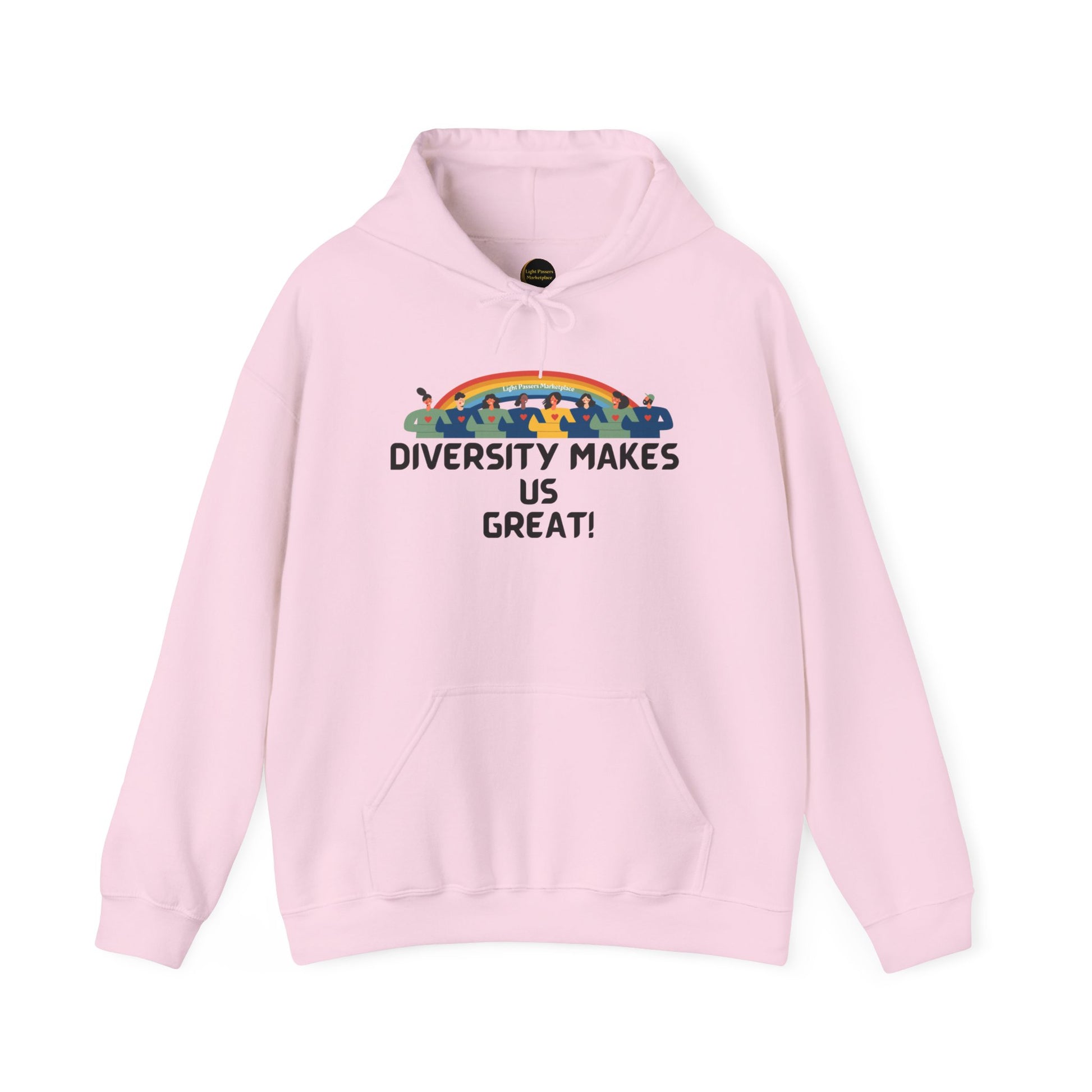 A pink unisex hooded sweatshirt featuring a rainbow bus design, made of 50% cotton and 50% polyester for warmth and comfort. Includes a kangaroo pocket and color-matched drawstring for style.