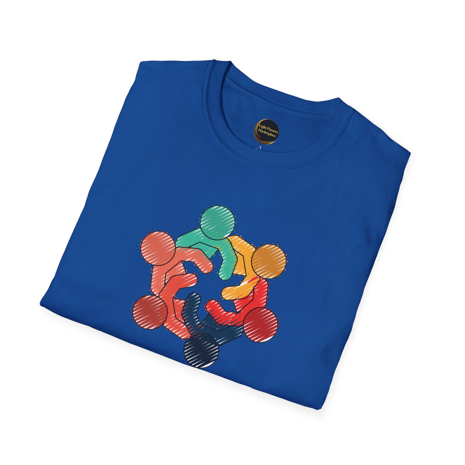 Royal-blue T-shirt with colorful sketch-style figures forming a circle, symbolizing unity. Teams Love and Peace Change Makers Unite design for spreading love and making a difference.