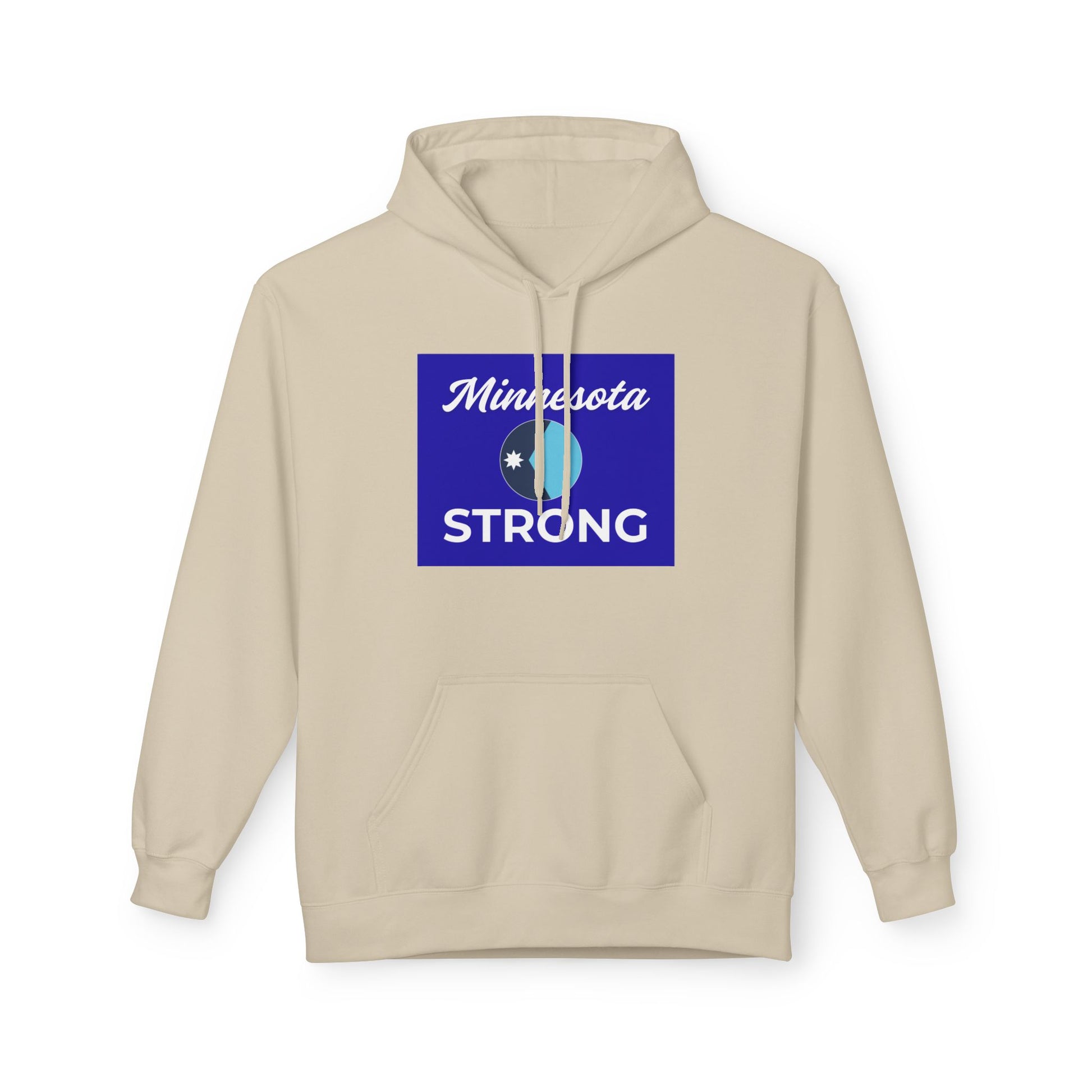 Unisex cream hoodie with Minnesota Strong blue graphic, highlighting state pride. Features kangaroo pocket and drawstring hood for comfort and warmth.