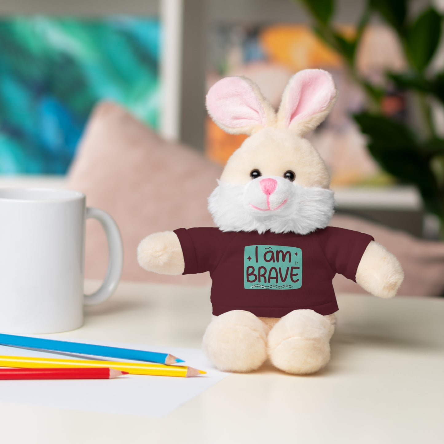 Cool Stuff Stuffies plush toy, bunny design, wearing a removable I am Brave tee. Part of a customizable 6-animal collection for kids.