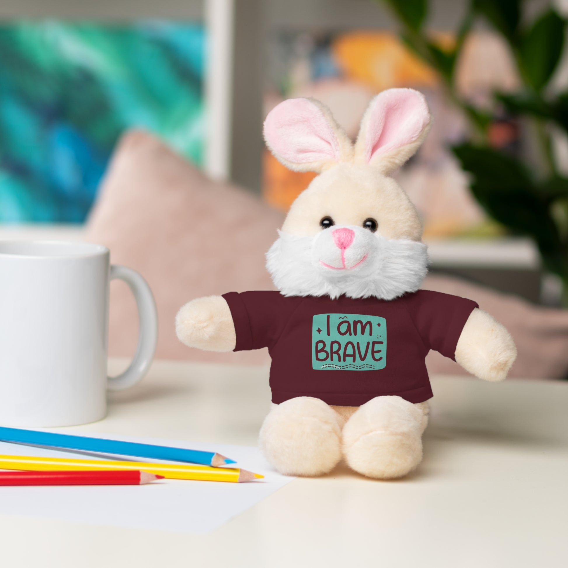 Cool Stuff Stuffies plush toy, bunny design, wearing a removable I am Brave tee. Part of a customizable 6-animal collection for kids.