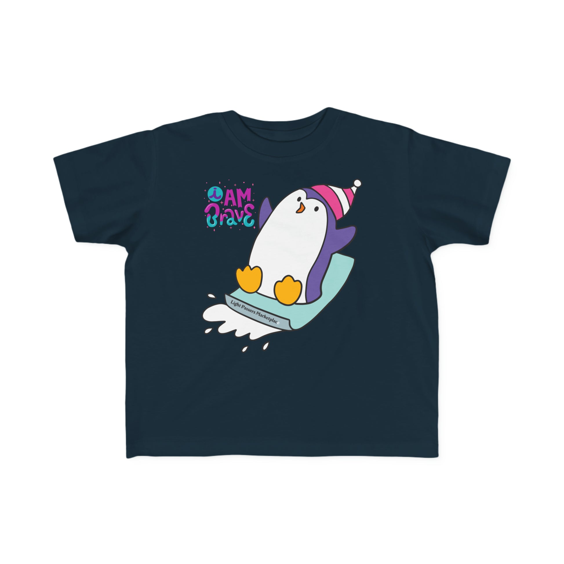 A Brave Penguin Toddler T-shirt featuring a cartoon penguin print on a light fabric tee. Made of 100% combed, ring-spun cotton, with a tear-away label for comfort.