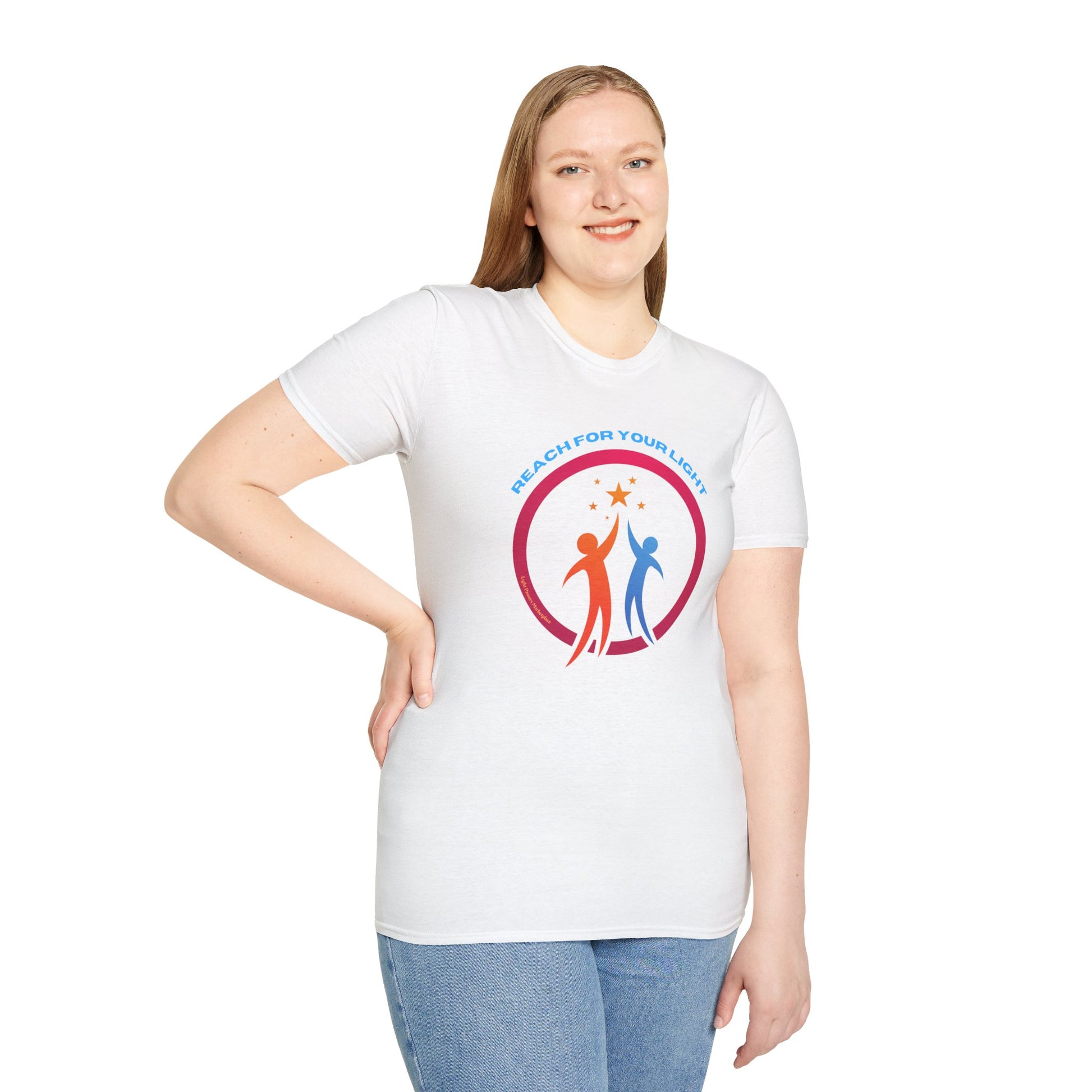 A woman in a white shirt poses, showcasing the Reach for Your Light Unisex T-Shirt. Soft 100% cotton fabric, twill tape shoulders, and ribbed collar for durability and comfort. No side seams, classic fit.