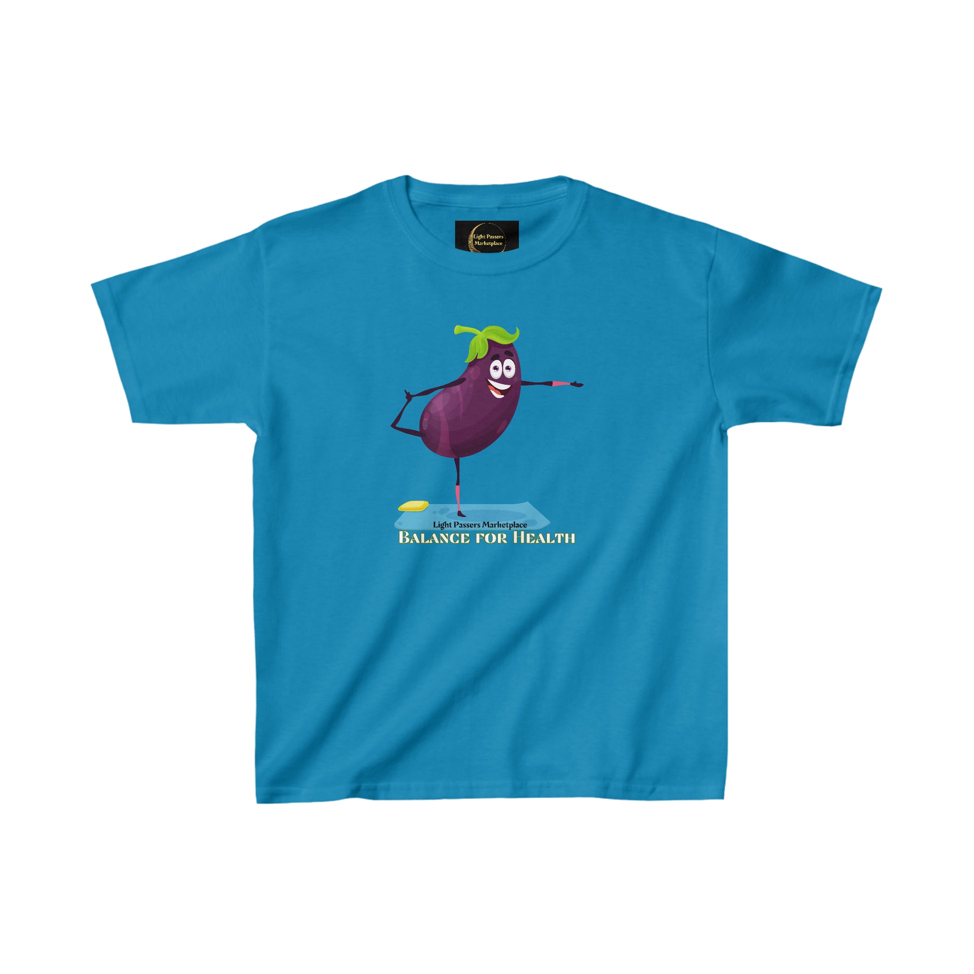 Youth t-shirt featuring a cartoon eggplant balancing on one leg. Made of 100% cotton for solid colors, with twill tape shoulders and ribbed collar for durability. Ethically sourced US cotton.