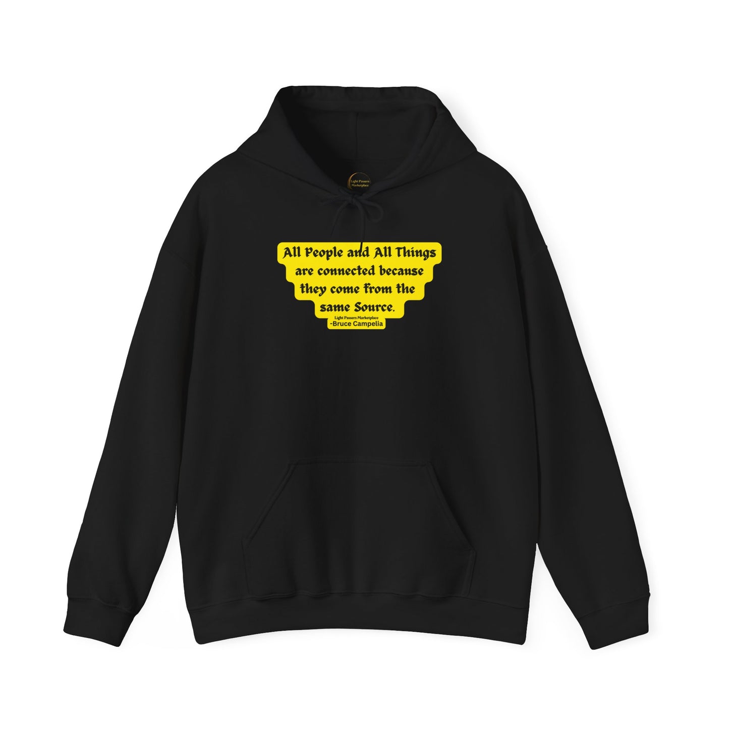 A black unisex hooded sweatshirt with yellow text, featuring a kangaroo pocket and color-matched drawstring. Made from 50% cotton and 50% polyester for warmth and comfort.