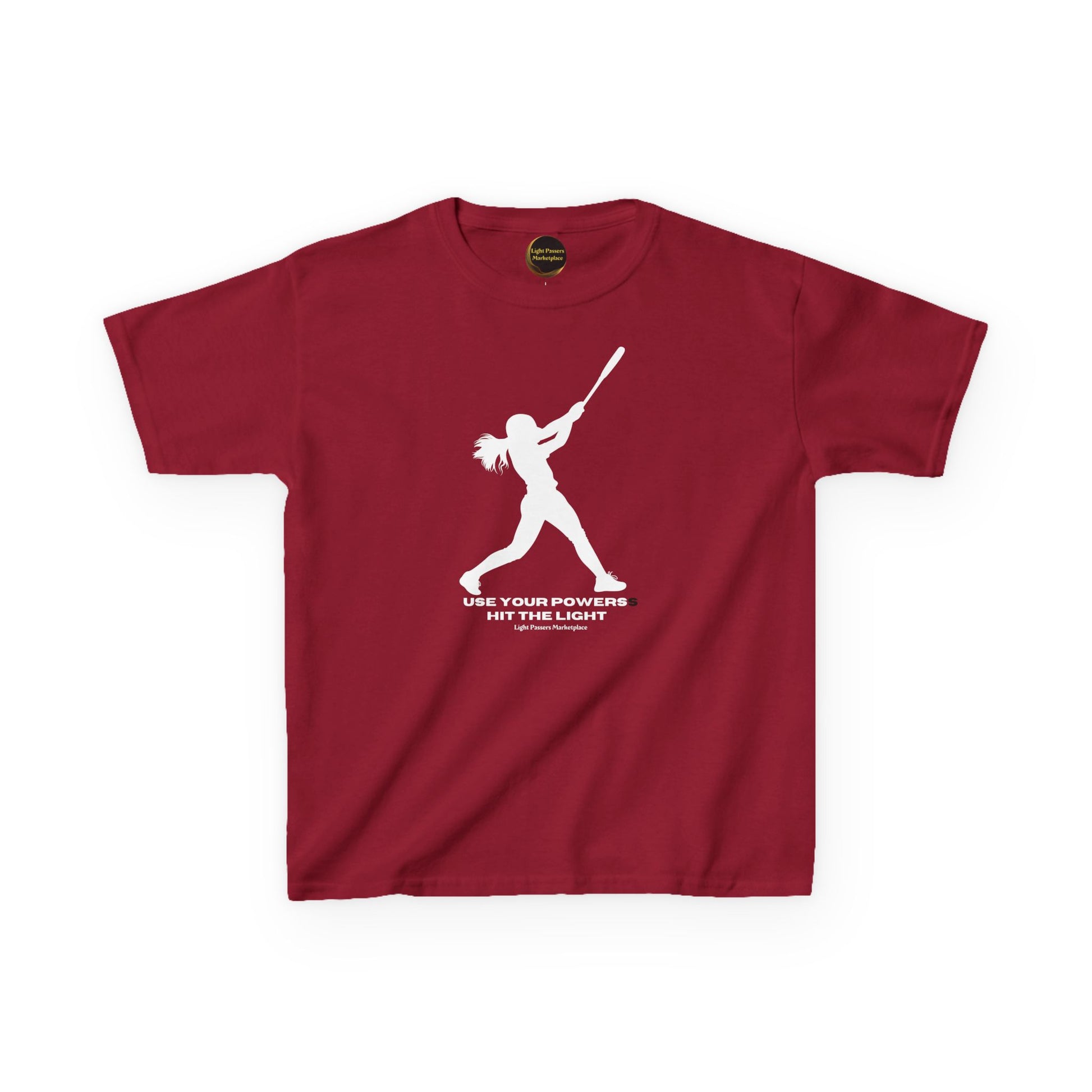 Youth Teams Hit the Light T-shirt featuring a baseball player graphic, slogan USE YOUR POWERS HIT THE LIGHT, crafted from soft, durable cotton for everyday wear.
