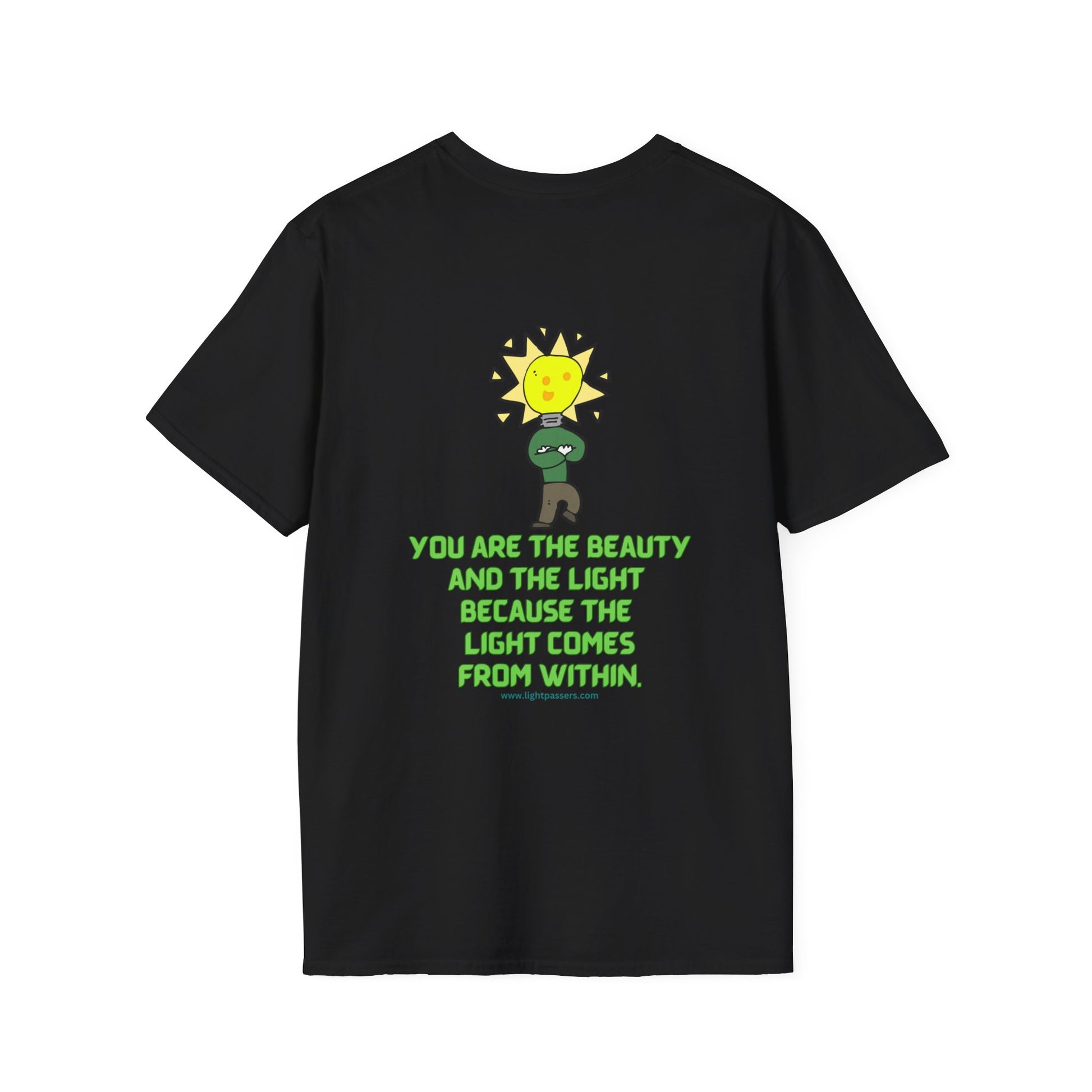 Unisex black tee with green text, light bulb cartoon, and plant design. 100% cotton, no side seams, tear-away label, classic fit.