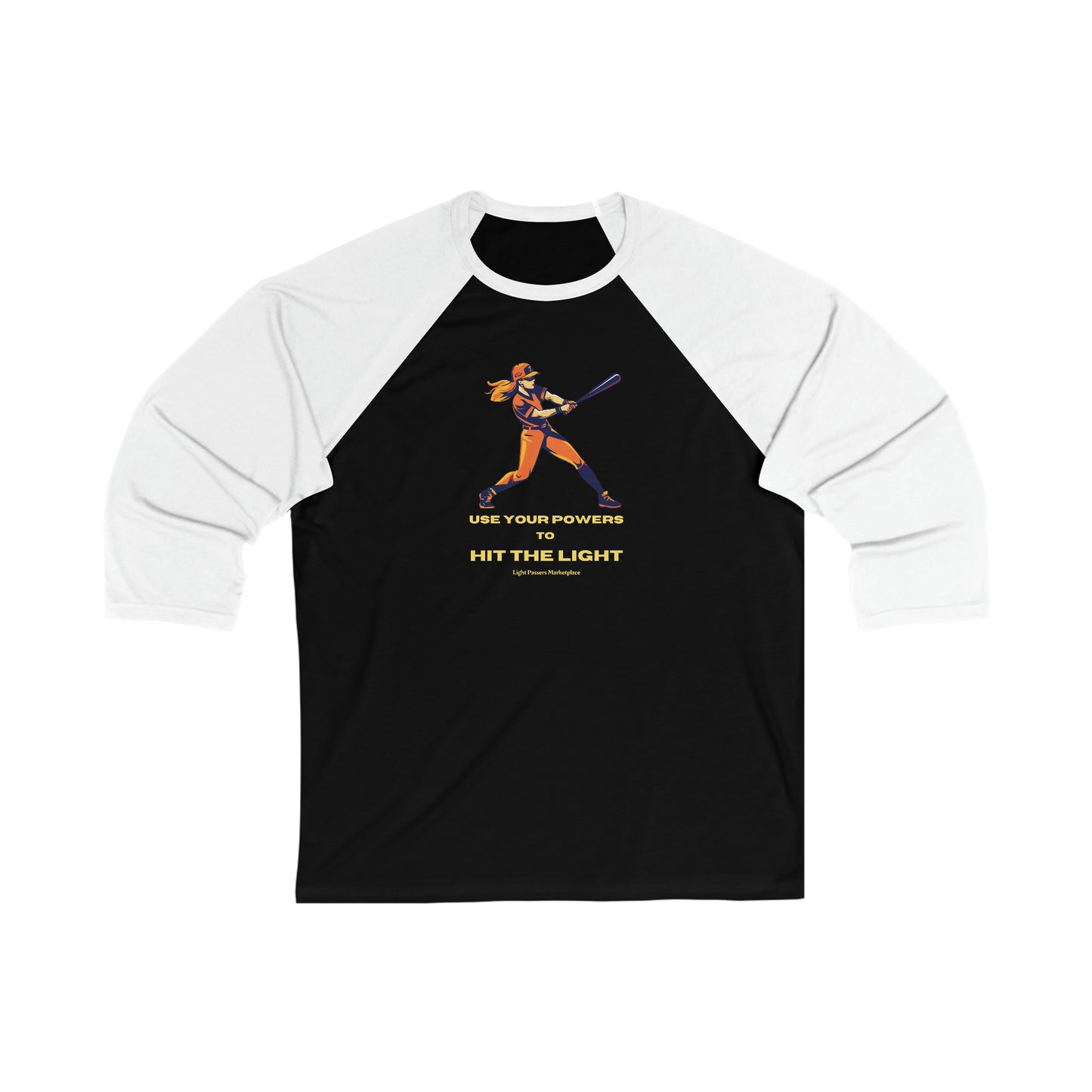 A black and white baseball shirt featuring a woman swinging a bat, ideal for custom designs with ribbed collar and durable seams. Unisex 3/4 Sleeve Baseball Tee, 52% cotton, 48% polyester blend.