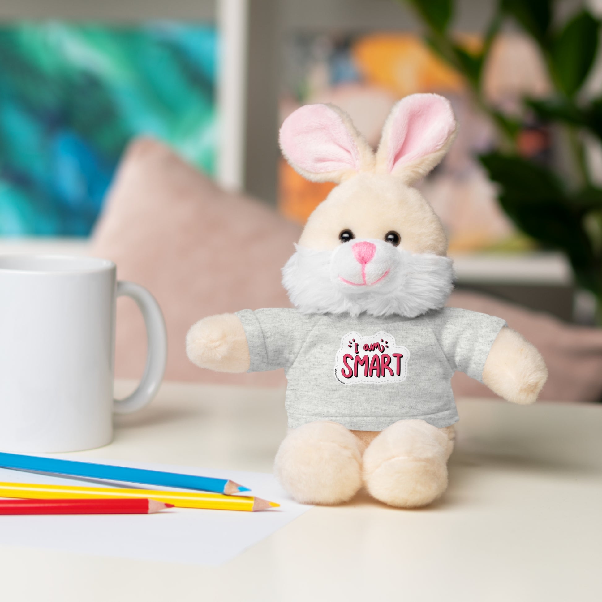 Stuffed animal bunny with I am Smart T-shirt, part of Cool Stuff Stuffies collection, ideal for educational play and gifting.