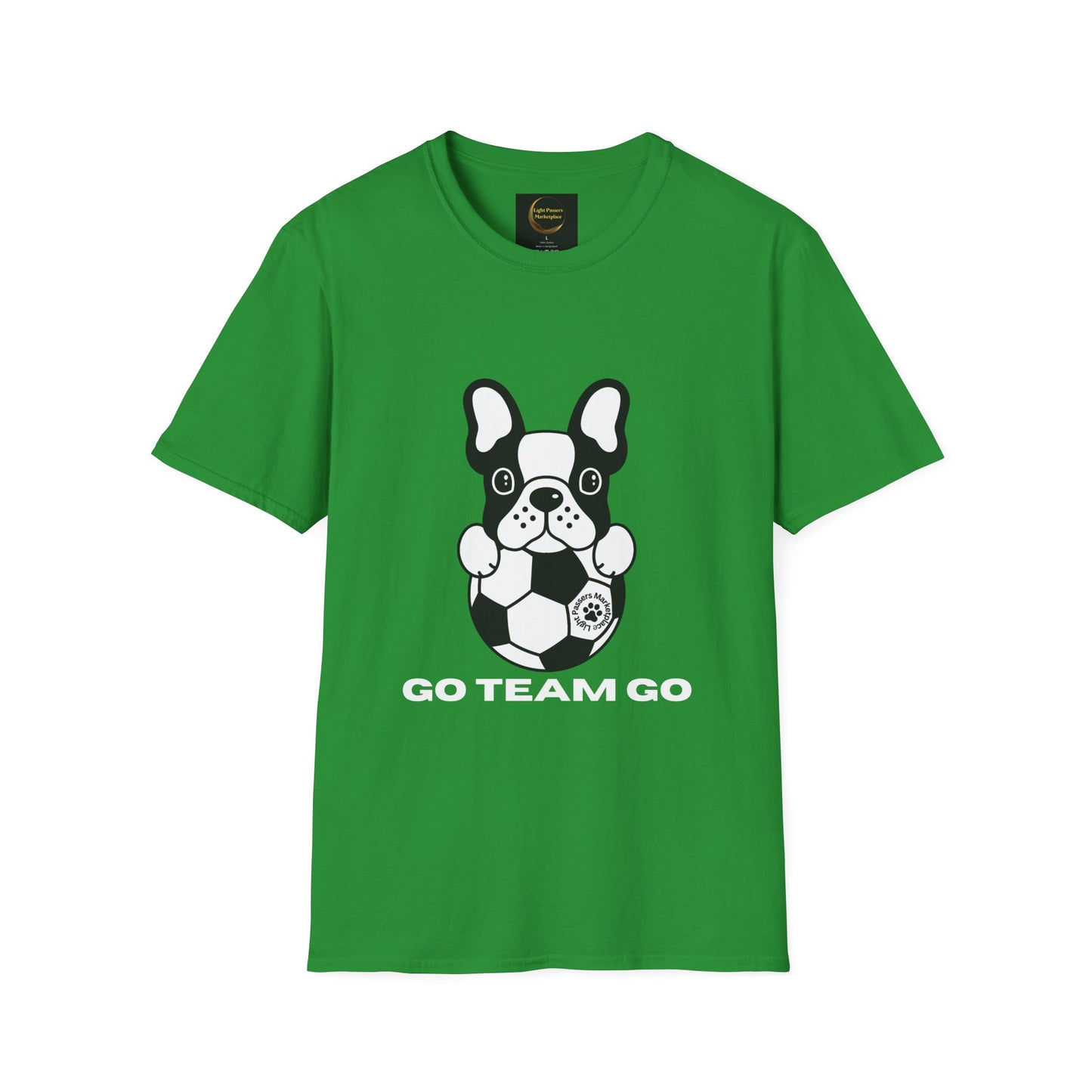 Soccer Dog Unisex T-Shirt featuring a cartoon French bulldog with a soccer ball and GO TEAM GO slogan, offering soft comfort and durability.