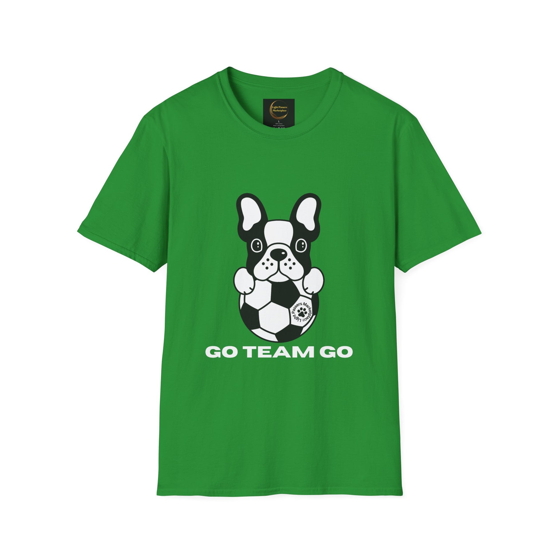 Soccer Dog Unisex T-Shirt featuring a cartoon French bulldog with a soccer ball and GO TEAM GO slogan, offering soft comfort and durability.