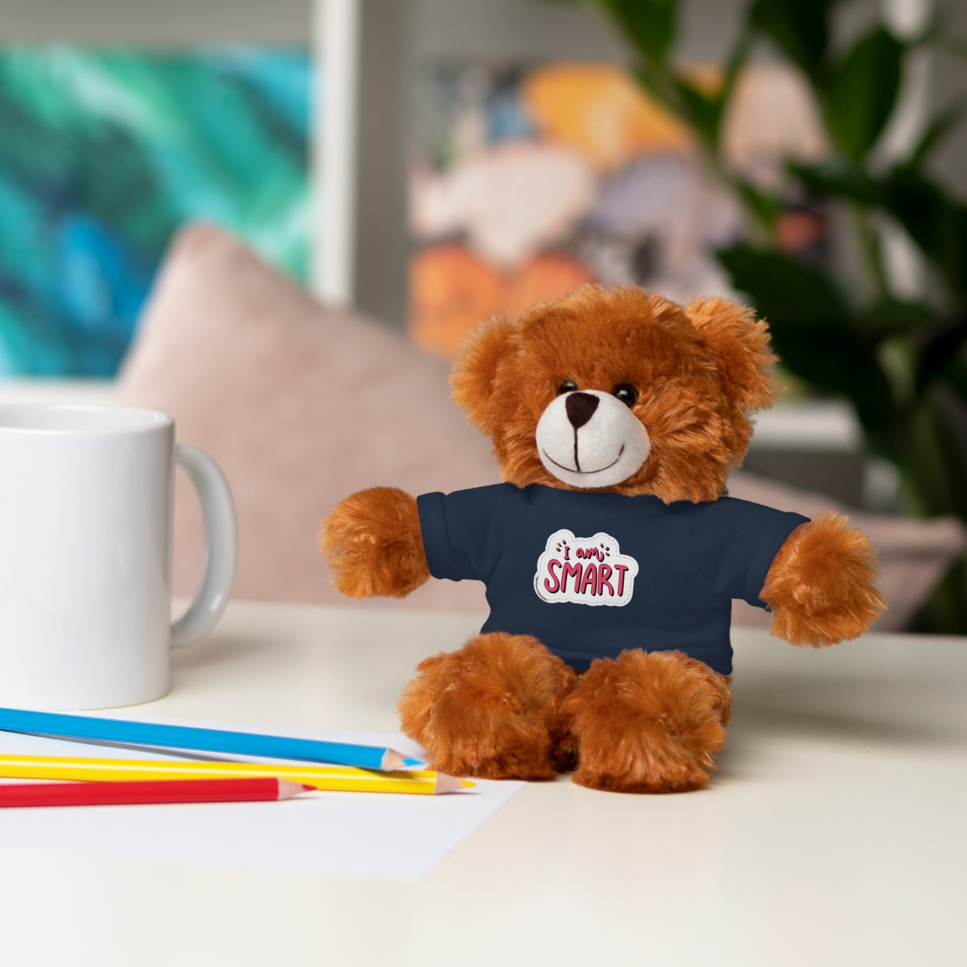 Cool Stuff Stuffies: Six plush animals with 'I am Smart' T-shirts. Includes bear, sheep, bunny, jaguar, panda, and lion. Perfect for kids' learning and play.