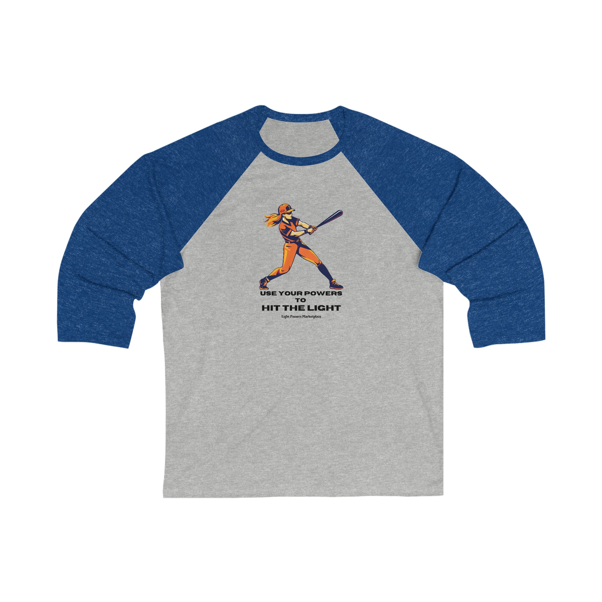 Unisex 3/4 sleeve baseball tee featuring a woman holding a bat design. Ribbed collar, side seams for durability. 52% cotton, 48% polyester. Light fabric, modern fit.