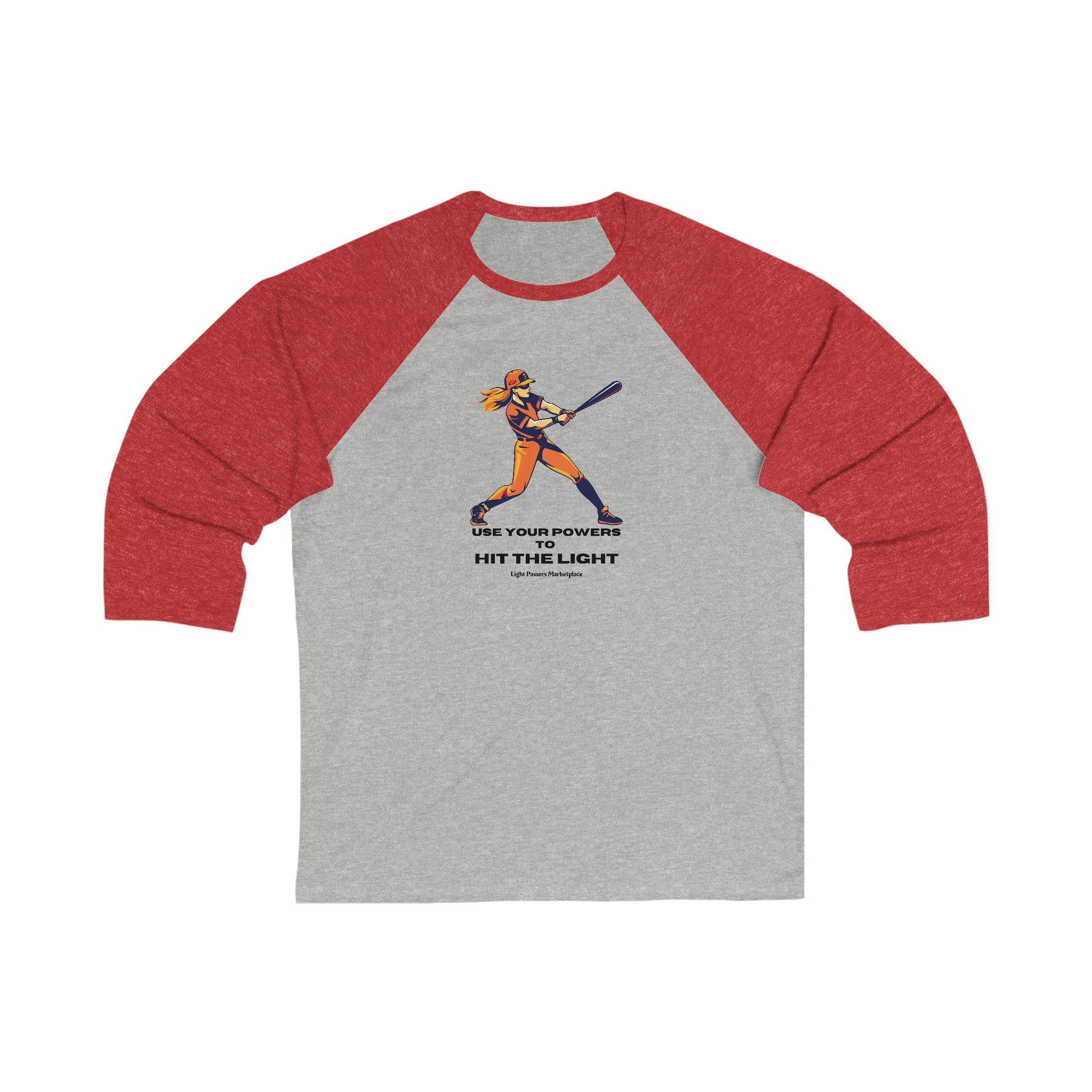 Unisex 3/4 sleeve baseball tee featuring a red and grey design with a baseball bat, ideal for vibrant prints. Made of cotton, polyester, and rayon blend for durability and comfort.