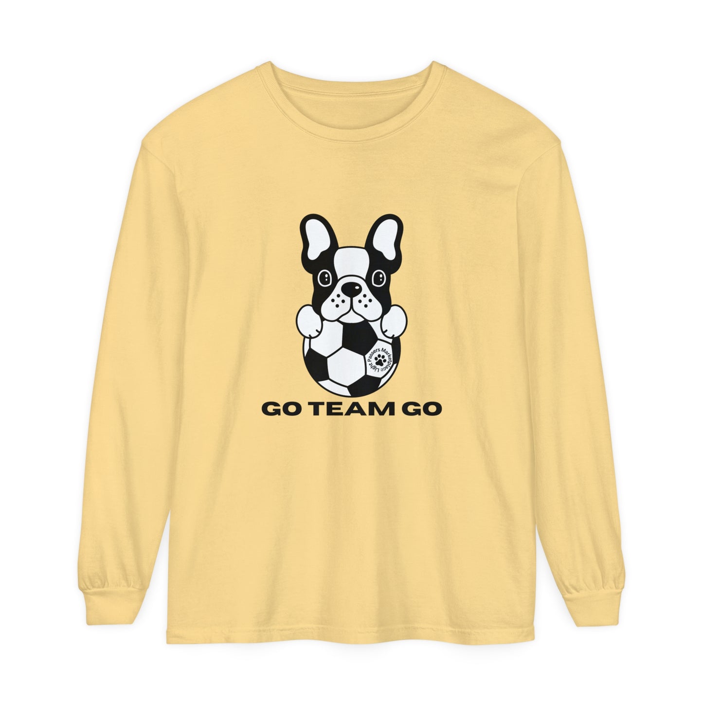 Teams Soccer Dog Adult Unisex Garment-dyed Long Sleeve, featuring a black and white dog with a football on a comfortable, 100% ring-spun cotton shirt.