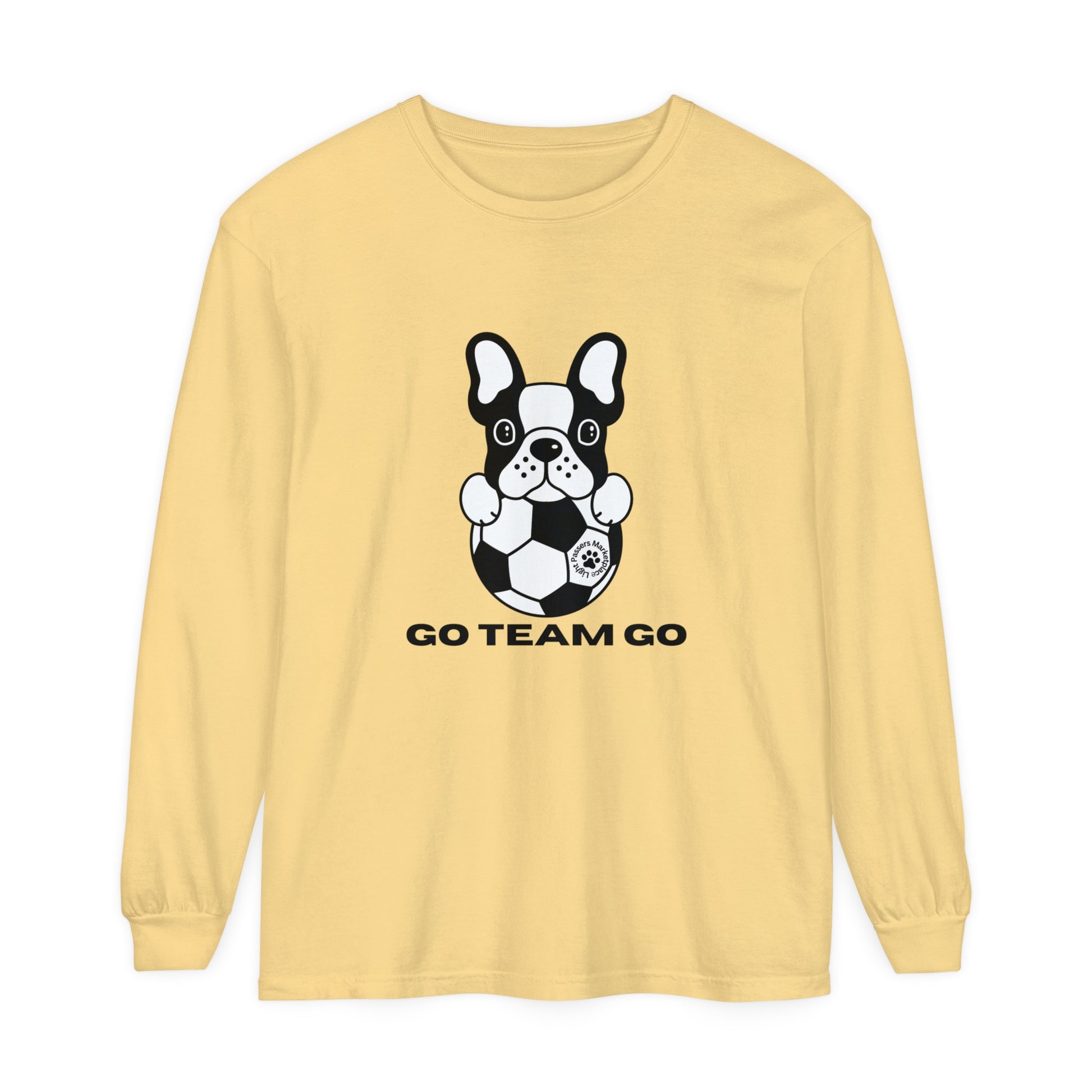 Teams Soccer Dog Adult Unisex Garment-dyed Long Sleeve, featuring a black and white dog with a football on a comfortable, 100% ring-spun cotton shirt.