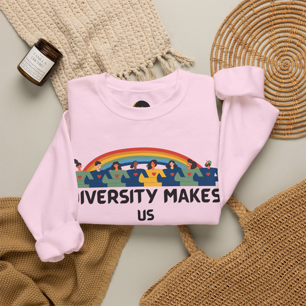 Diversity Makes Us Great Adult Unisex Crew Neck Sweatshirt — Inclusive Rainbow Crewneck Yellow or Black Letters