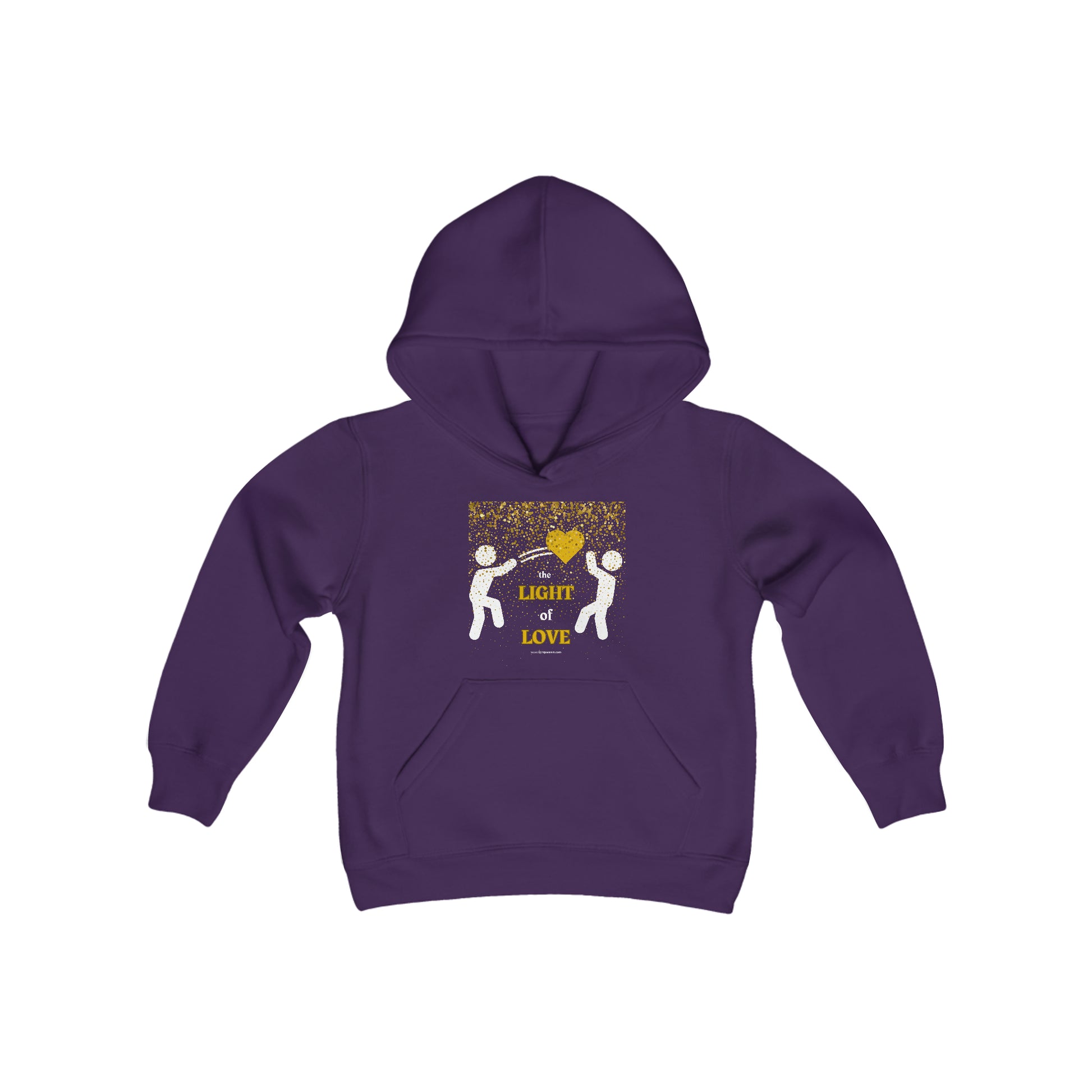 Youth blend hooded sweatshirt featuring a gold heart design, kangaroo pocket, and twill taping. Made of 50% cotton, 50% polyester for softness and reduced lint. Regular fit, sewn-in label, true to size.