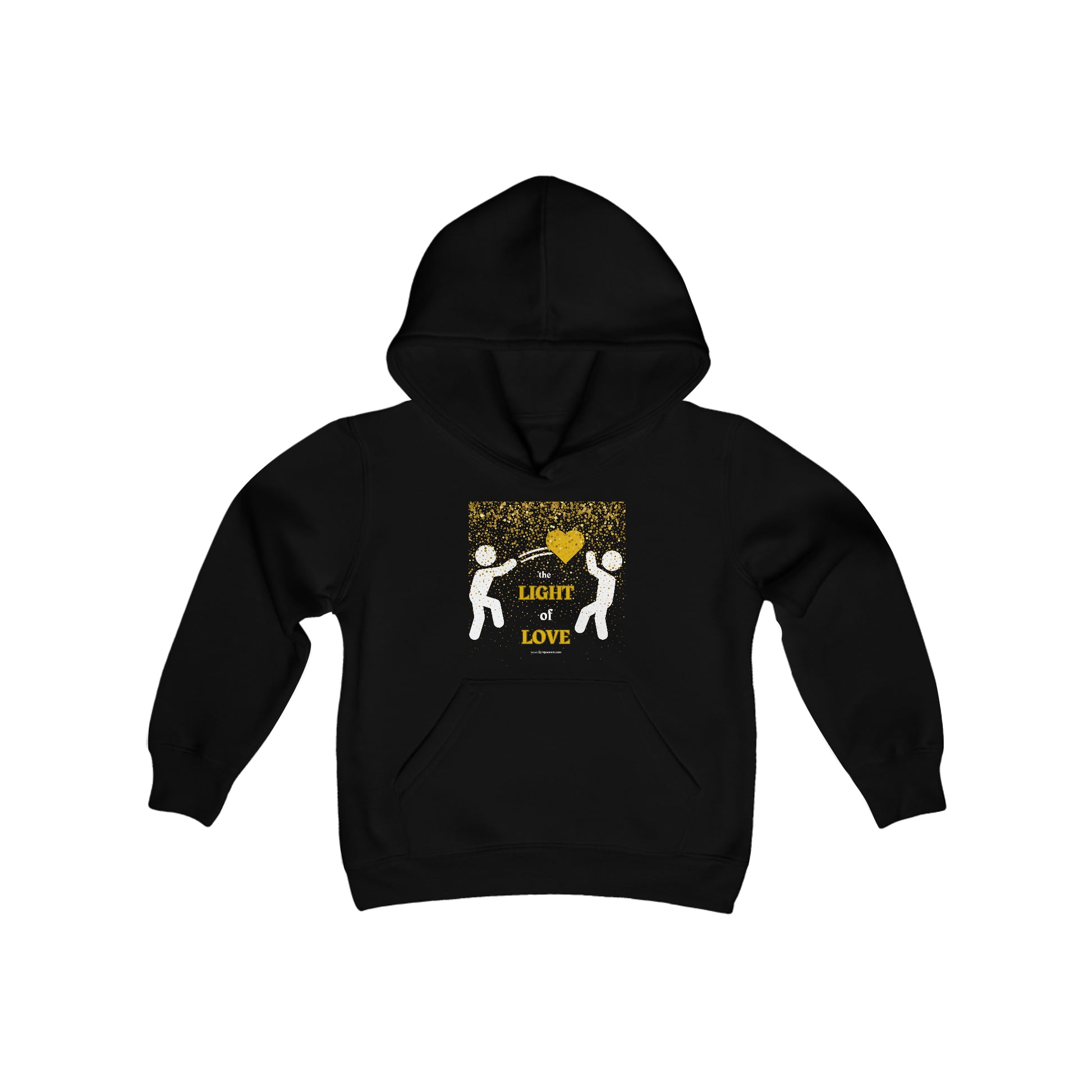 A black youth blend hooded sweatshirt featuring white and yellow characters, kangaroo pocket, and twill taping. Made of soft, preshrunk fleece (50% cotton, 50% polyester) for comfortable wear.