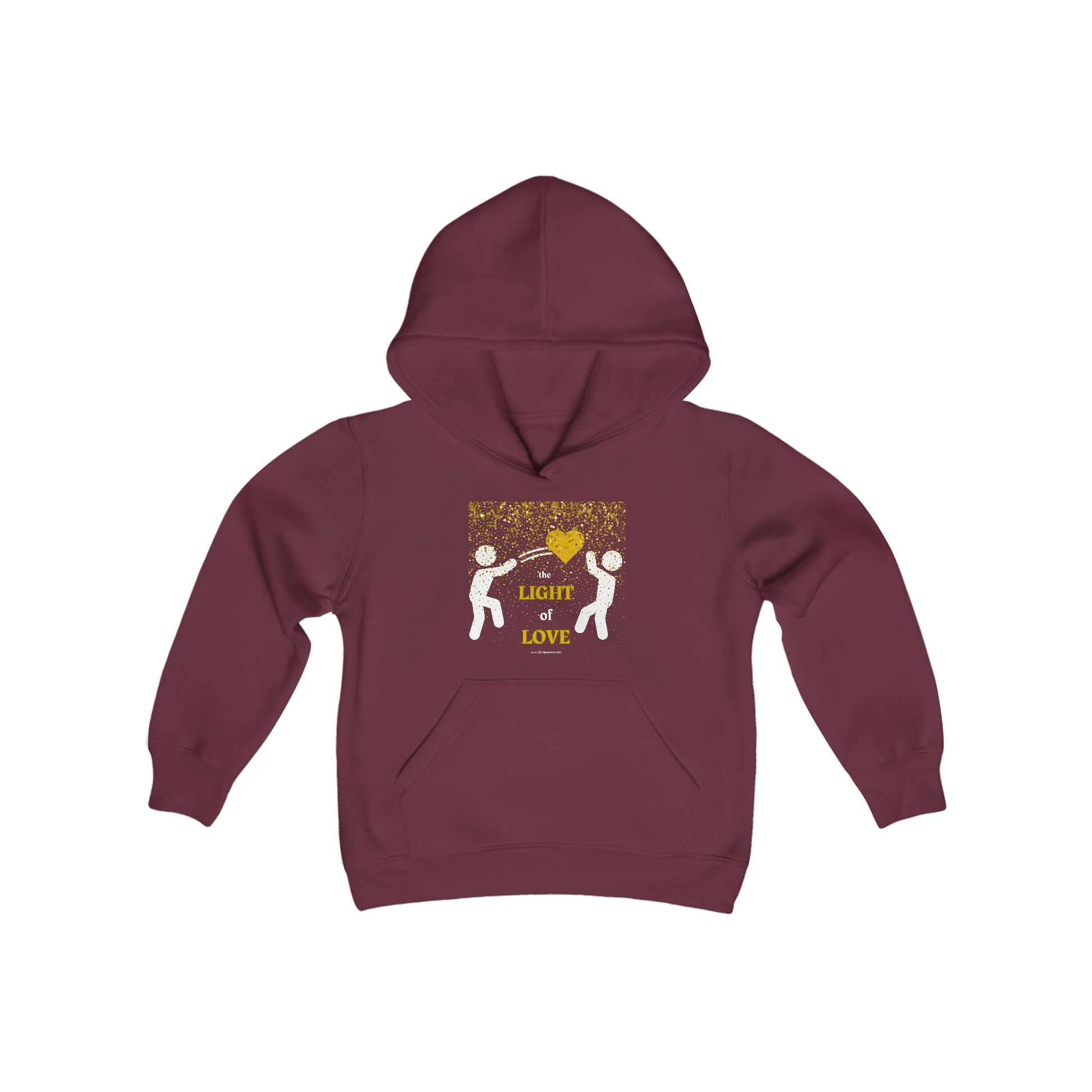 A maroon youth hooded sweatshirt featuring white and yellow characters, a heart, and a kangaroo pocket. Made of soft, preshrunk fleece with twill taping reinforcement. Ideal for comfortable wear and printing.