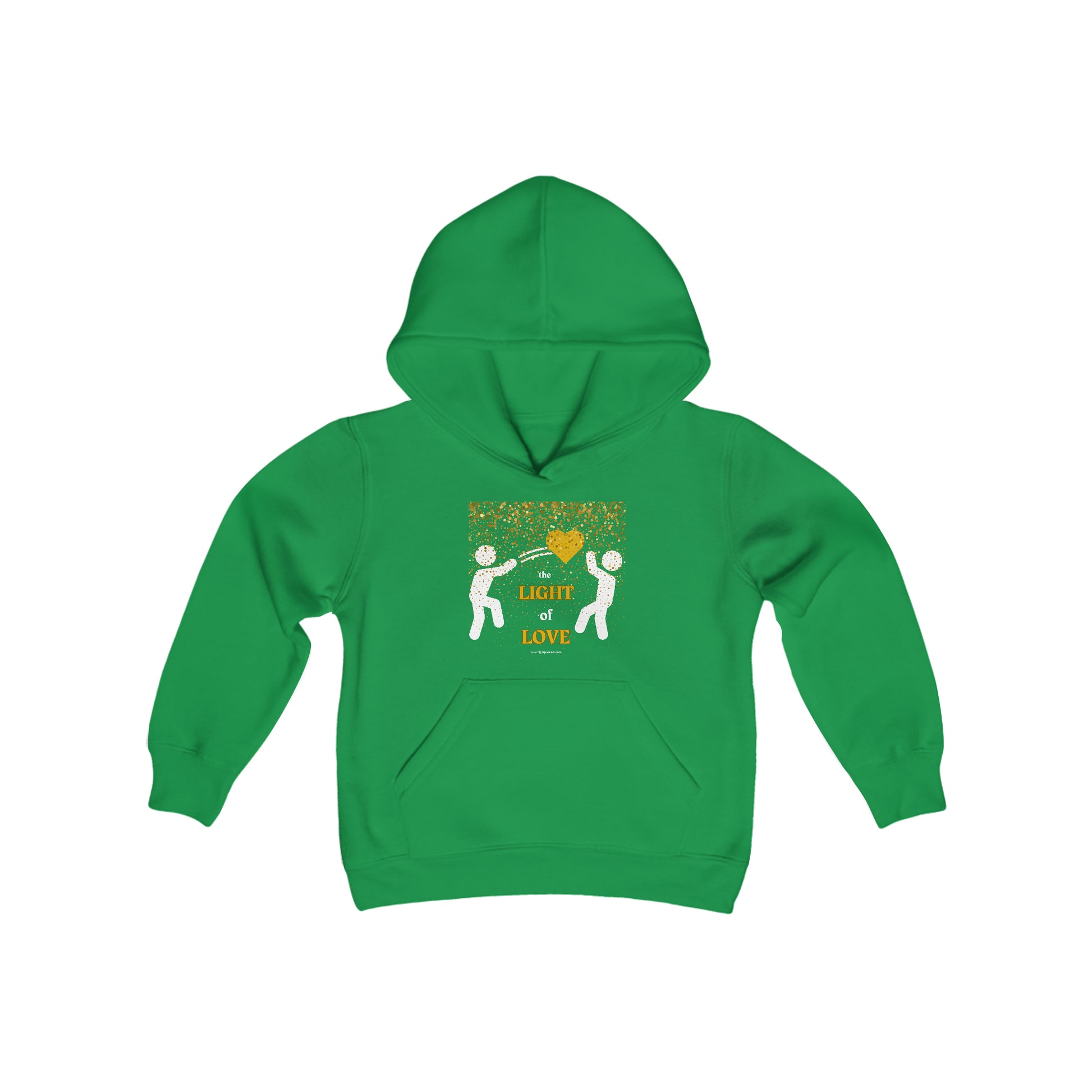 A youth blend hooded sweatshirt featuring a gold heart design, kangaroo pocket, and twill taping. Made of soft, preshrunk fleece (50% cotton, 50% polyester) for comfort and durability.