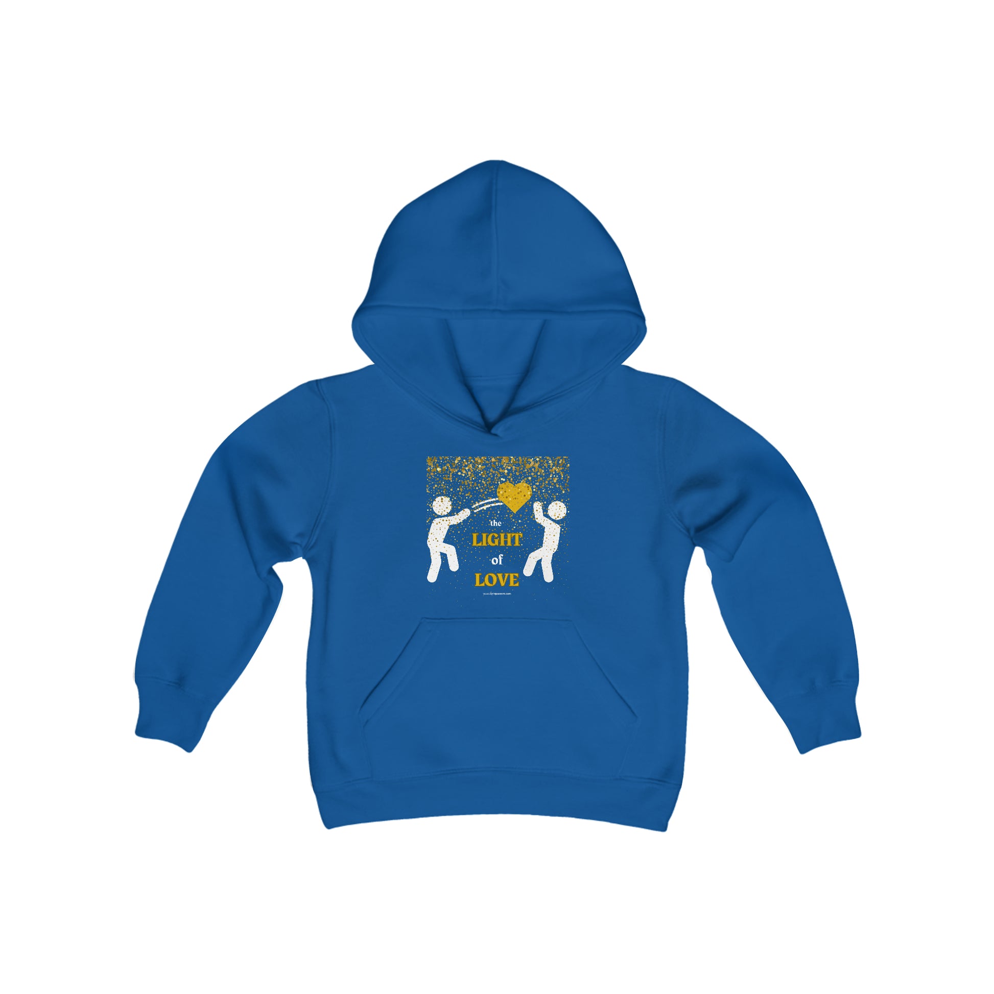 A blue youth hoodie featuring a heart design with people, made of soft, preshrunk fleece. Kangaroo pocket, twill-taped neck, 50% cotton, 50% polyester blend for optimal printing.