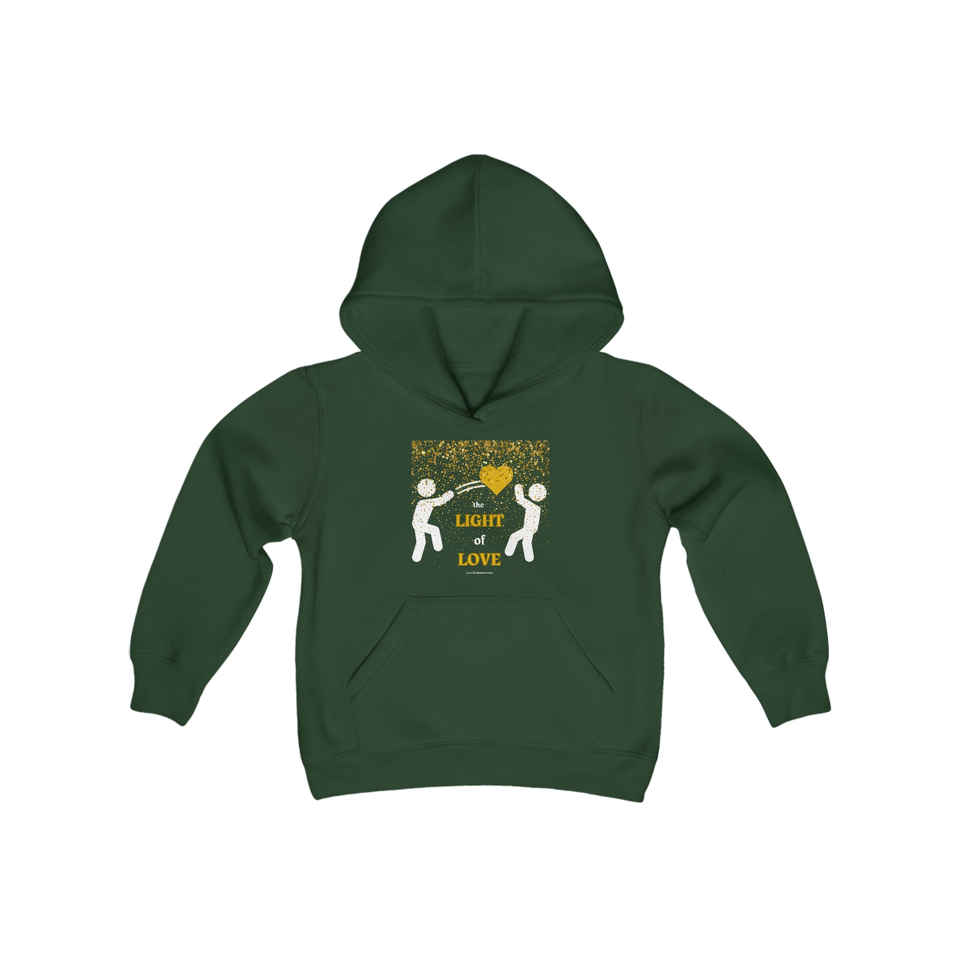 A green hoodie featuring white and yellow characters, a couple holding a heart, and a gold heart design. Made of soft, preshrunk fleece with a kangaroo pocket. Ideal for printing.