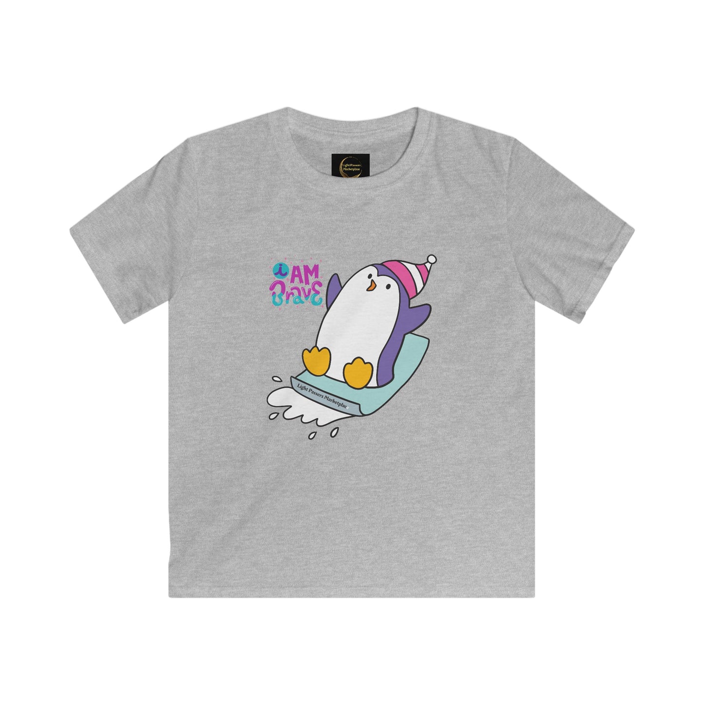 Brave Penguin Youth Soft Tee featuring a cartoon penguin on a sled, designed for comfort and durability, ideal for adventurous kids who love animals.