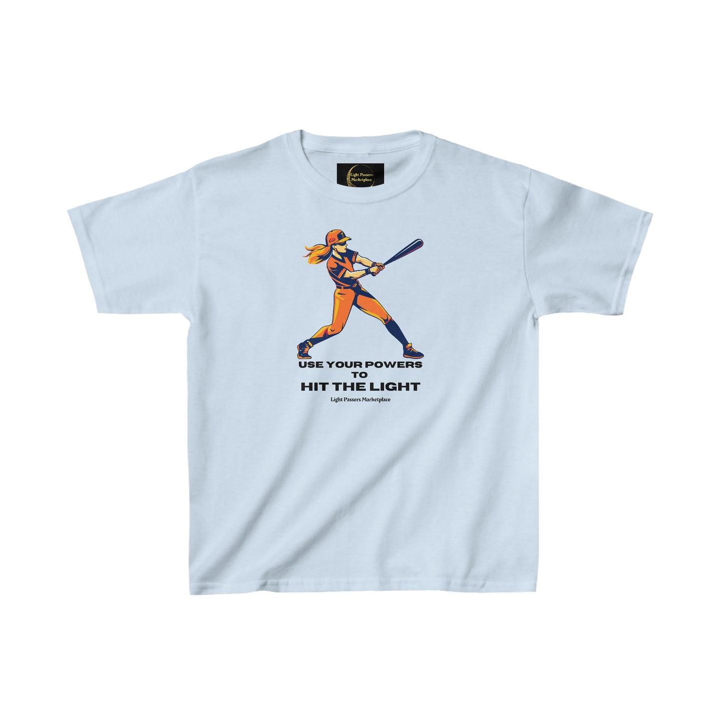 A youth t-shirt featuring a girl playing baseball, made of 100% cotton with twill tape shoulders and ribbed collar. Ethically produced by Gildan with tear-away labels for comfort.