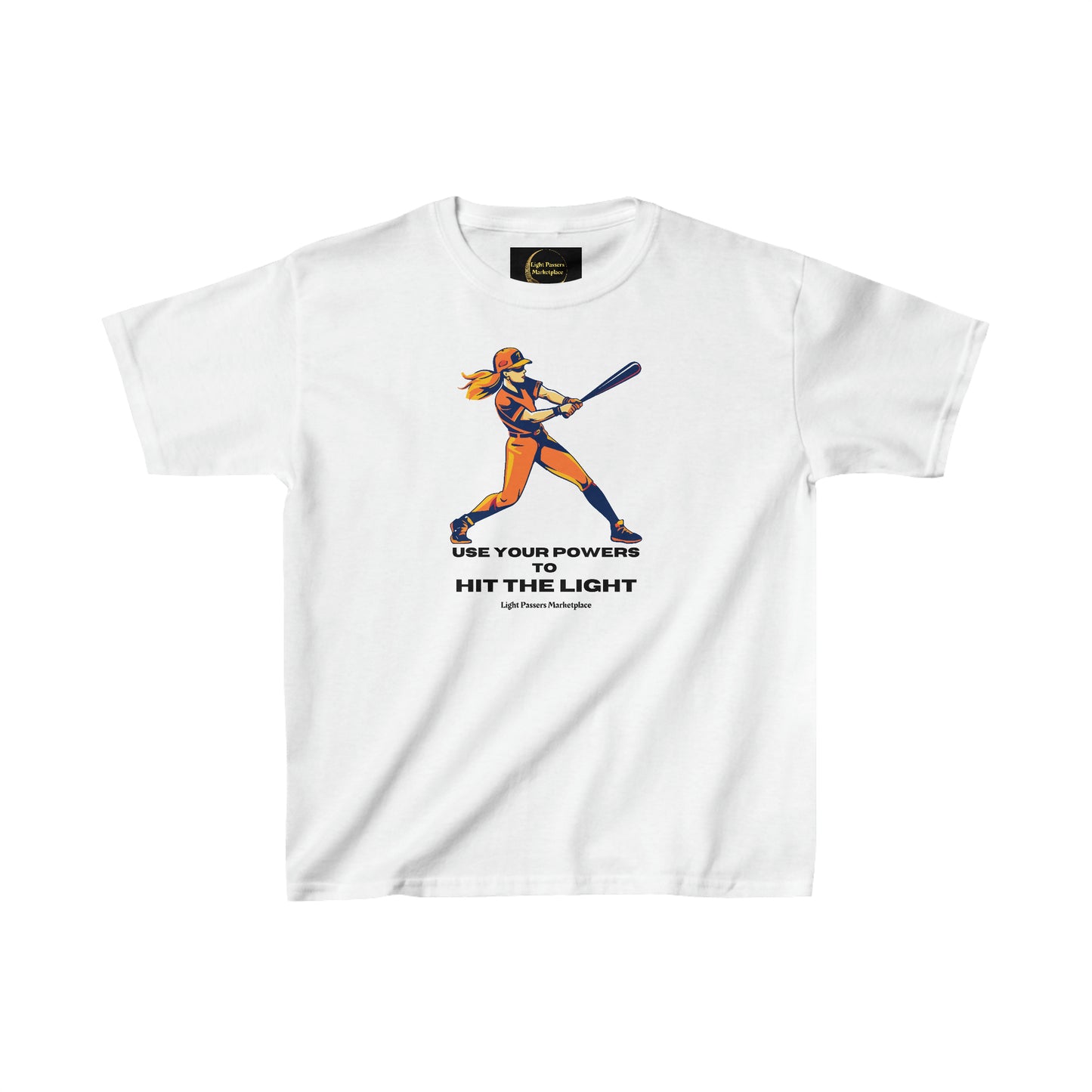 A white youth t-shirt featuring a cartoon of a girl swinging a bat. Made of 100% cotton for solid colors, with twill tape shoulders and ribbed collar for durability. Ethically sourced US cotton.