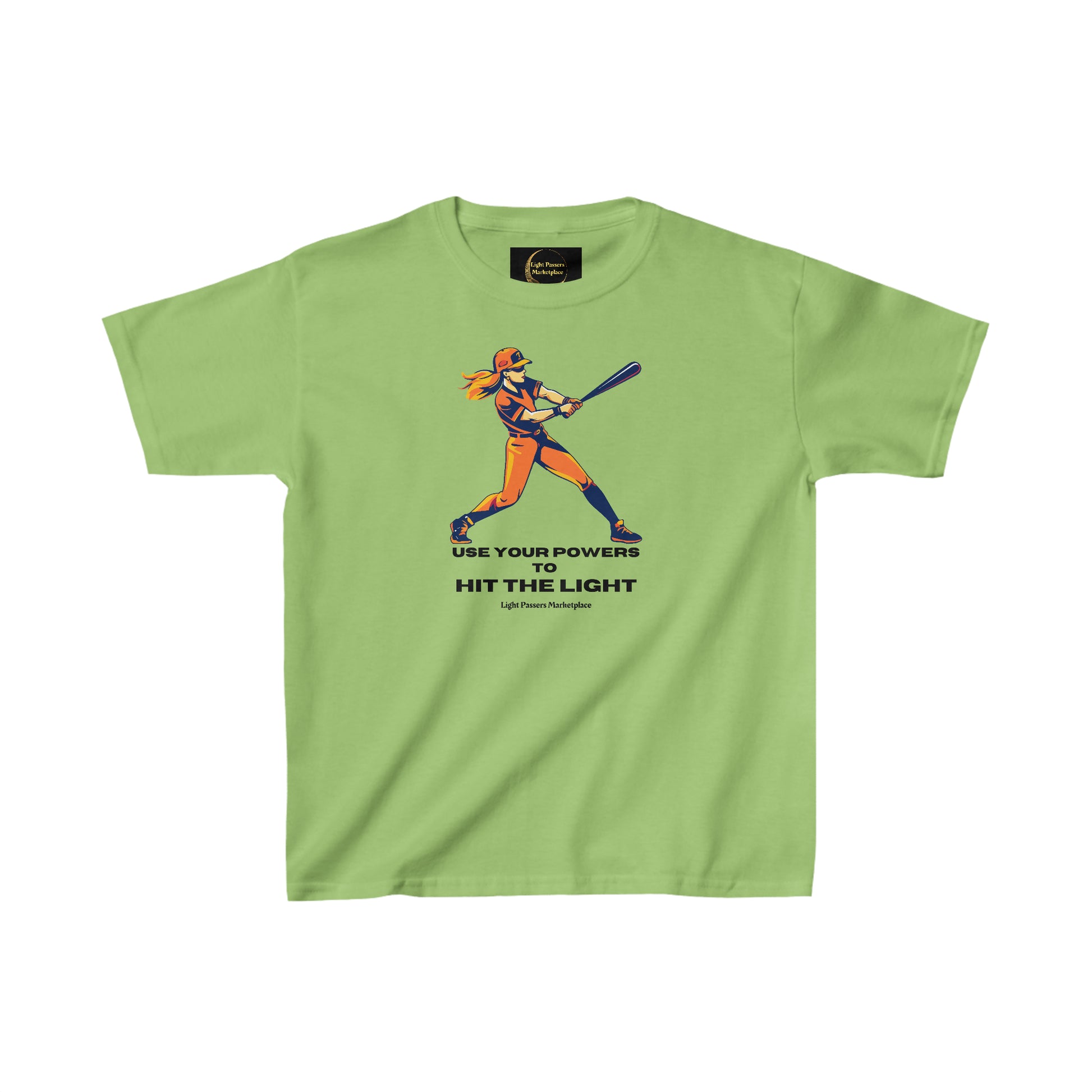 A green shirt featuring a girl swinging a baseball bat, ideal for everyday wear. Made of 100% cotton for solid colors, with twill tape on shoulders for durability and ribbed knitting for curl-resistant collar.