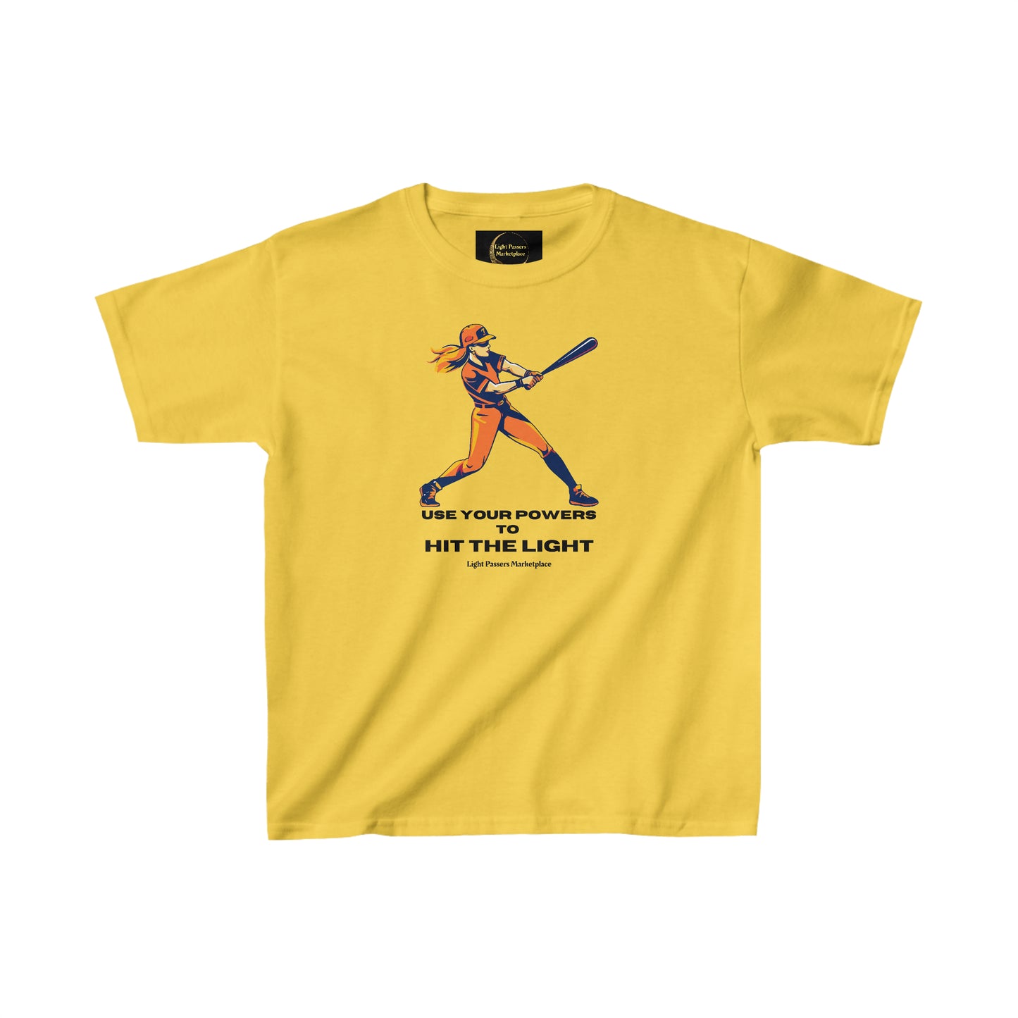 Youth cotton tee with a baseball bat print, ideal for daily wear. Made of 100% US cotton, featuring twill tape shoulders and curl-resistant collar. Ethically produced with tear-away labels for comfort.