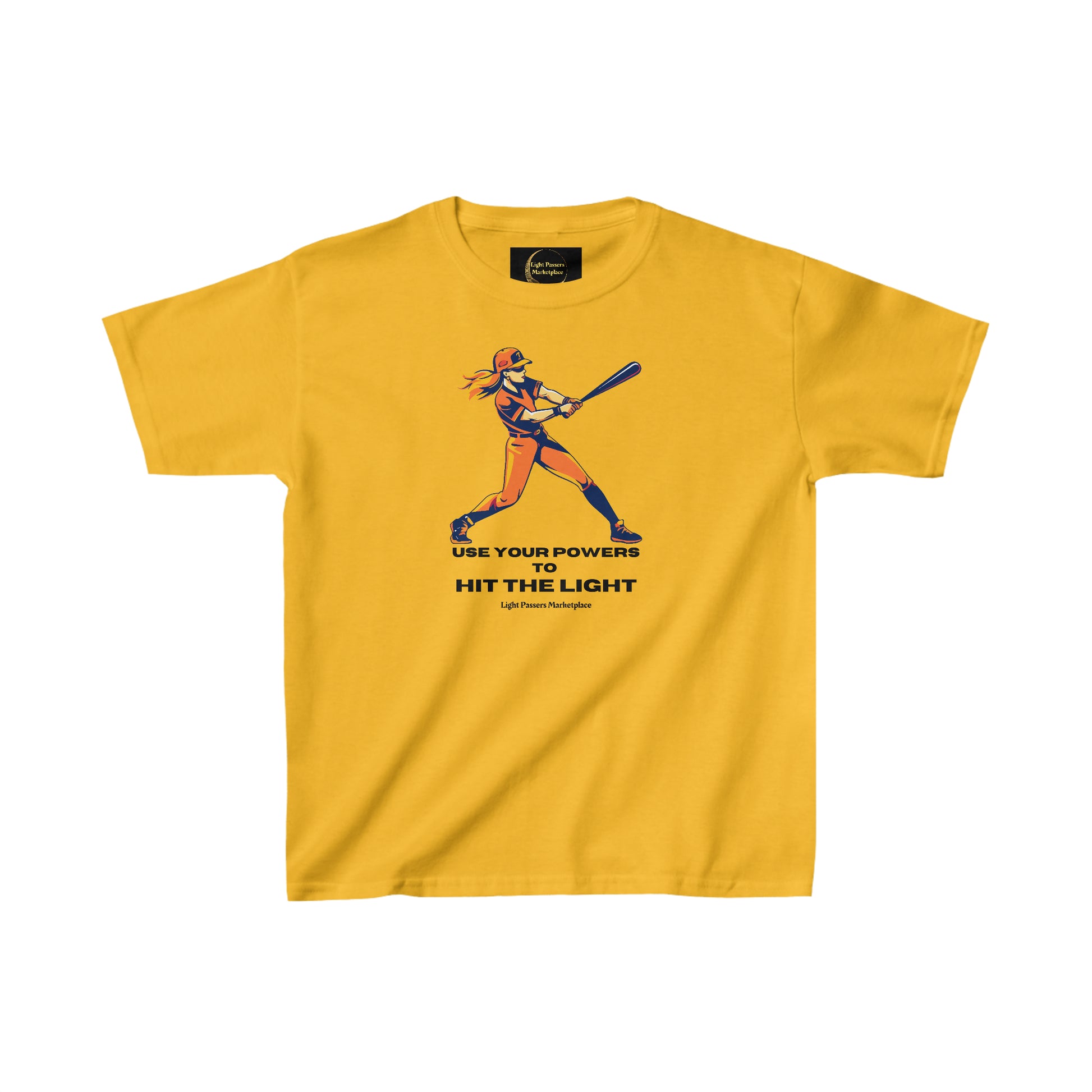 A yellow youth t-shirt featuring a cartoon of a girl holding a baseball bat. Made of 100% cotton, with twill tape shoulders for durability and ribbed collar for curl resistance. Ethically sourced US cotton.