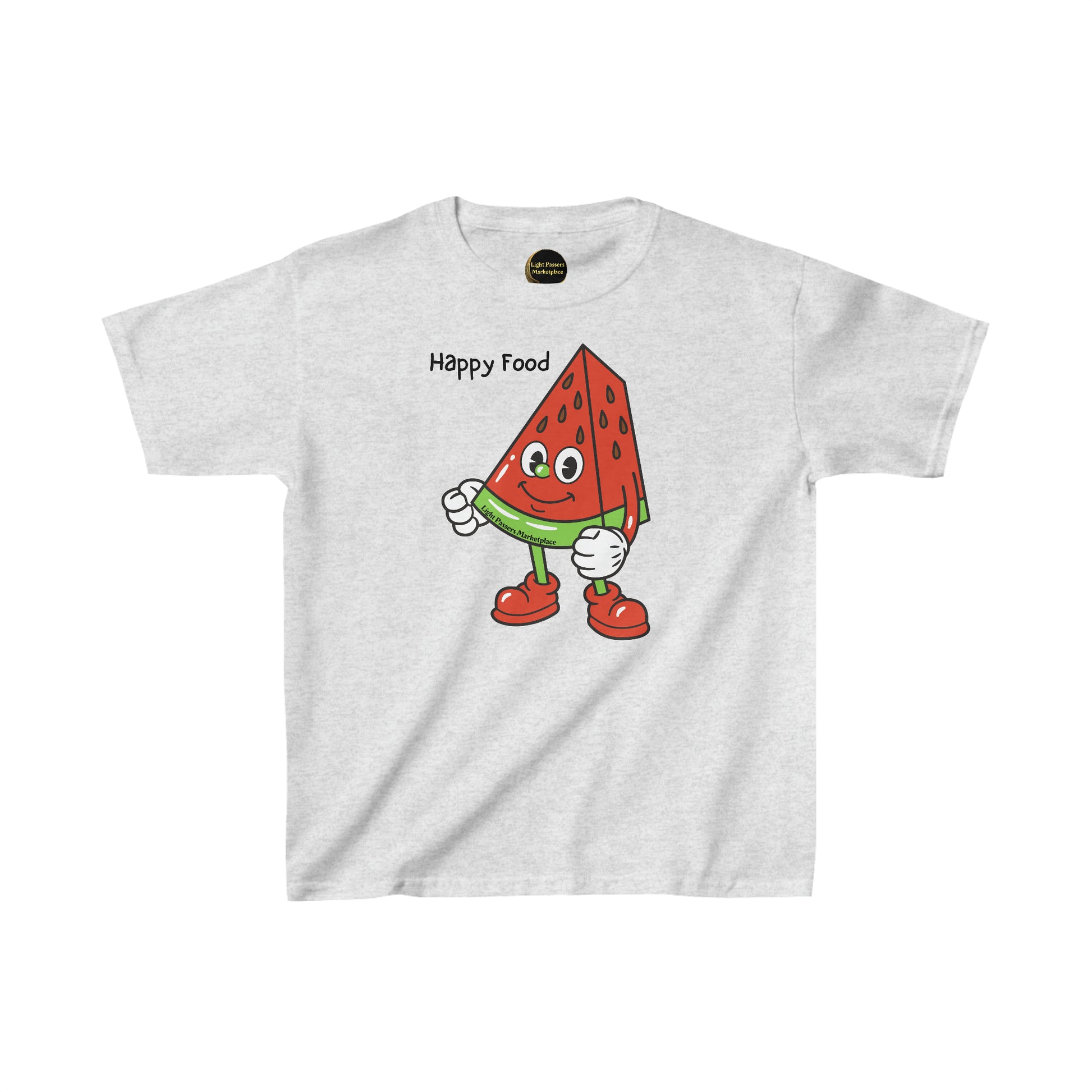 A white youth t-shirt featuring a cartoon watermelon design, made of 100% cotton for comfort and durability. Ethically sourced and perfect for everyday wear.