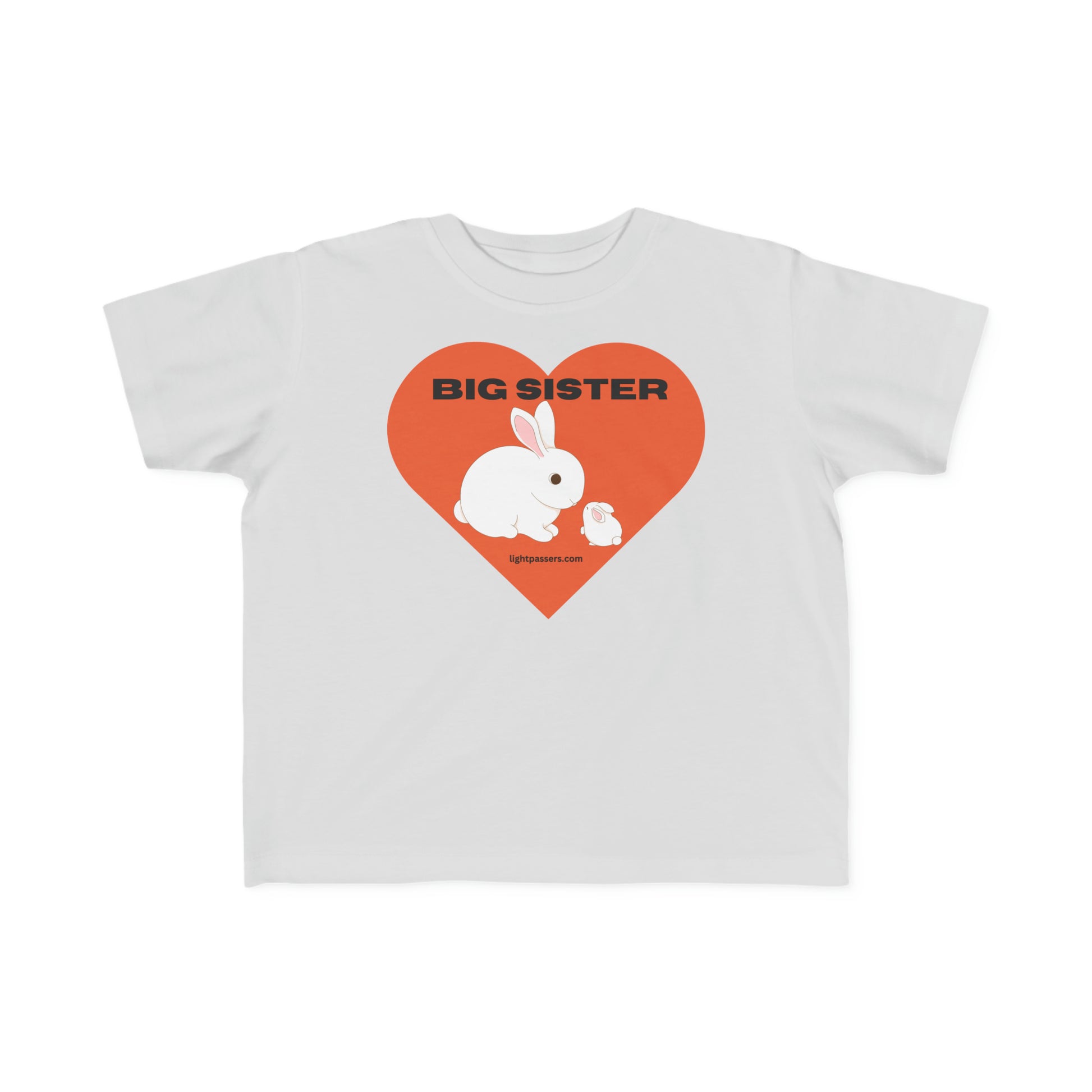 A white toddler t-shirt featuring a rabbit and baby rabbit design, ideal for sensitive skin. Made of 100% combed cotton, with a durable print and tear-away label.