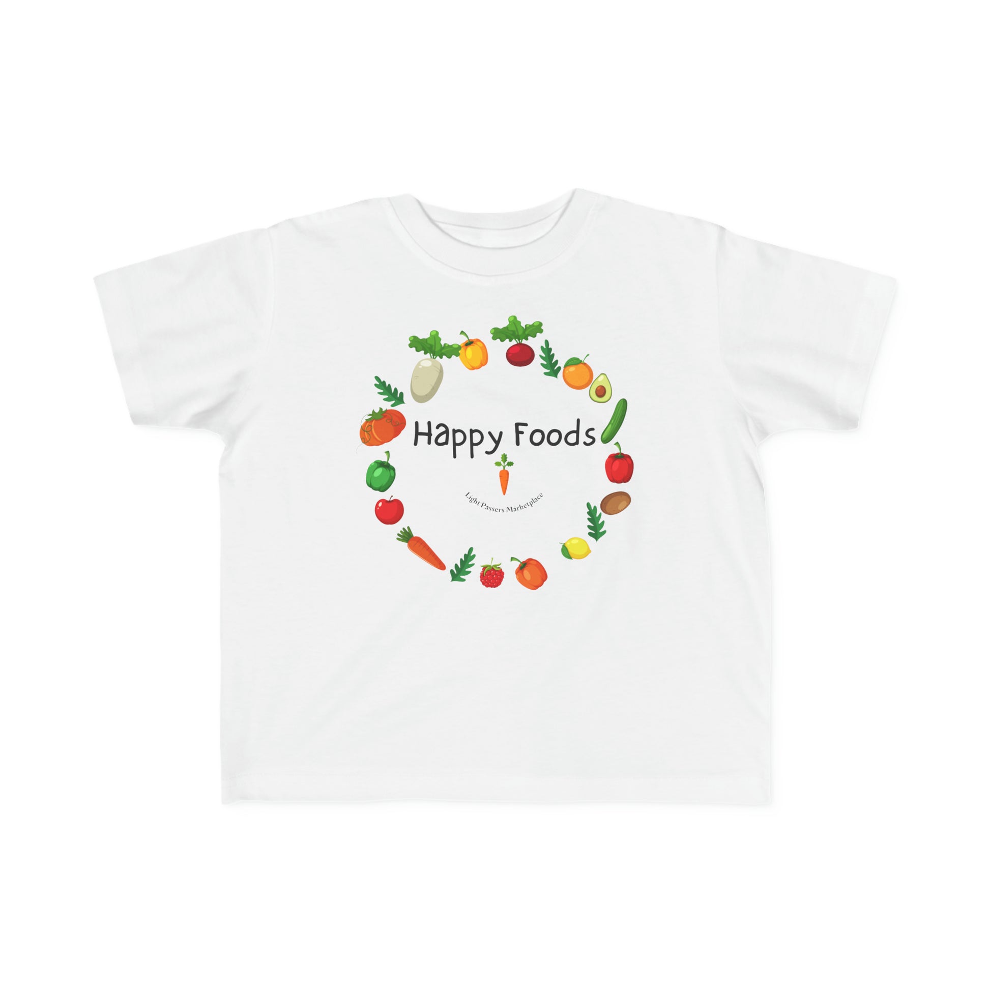 A toddler's white tee with a playful design featuring a carrot logo and radish cartoon. Made of soft, 100% combed cotton for sensitive skin, with a durable print.