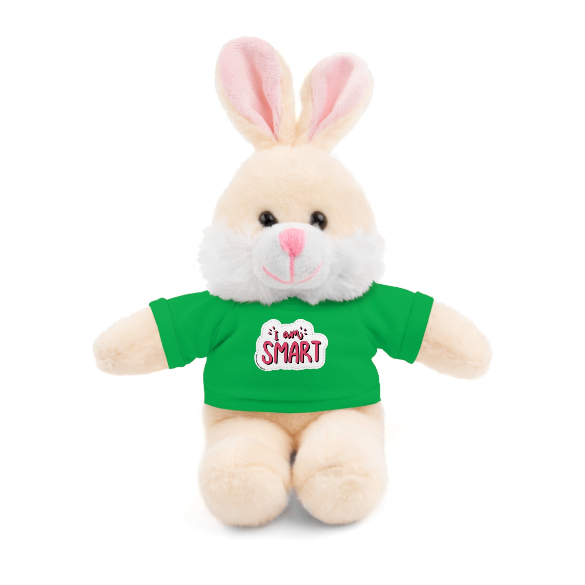 Cool Stuff Stuffies Bunny in green tee with 'I am Smart' message, part of a 6-animal educational plush collection.