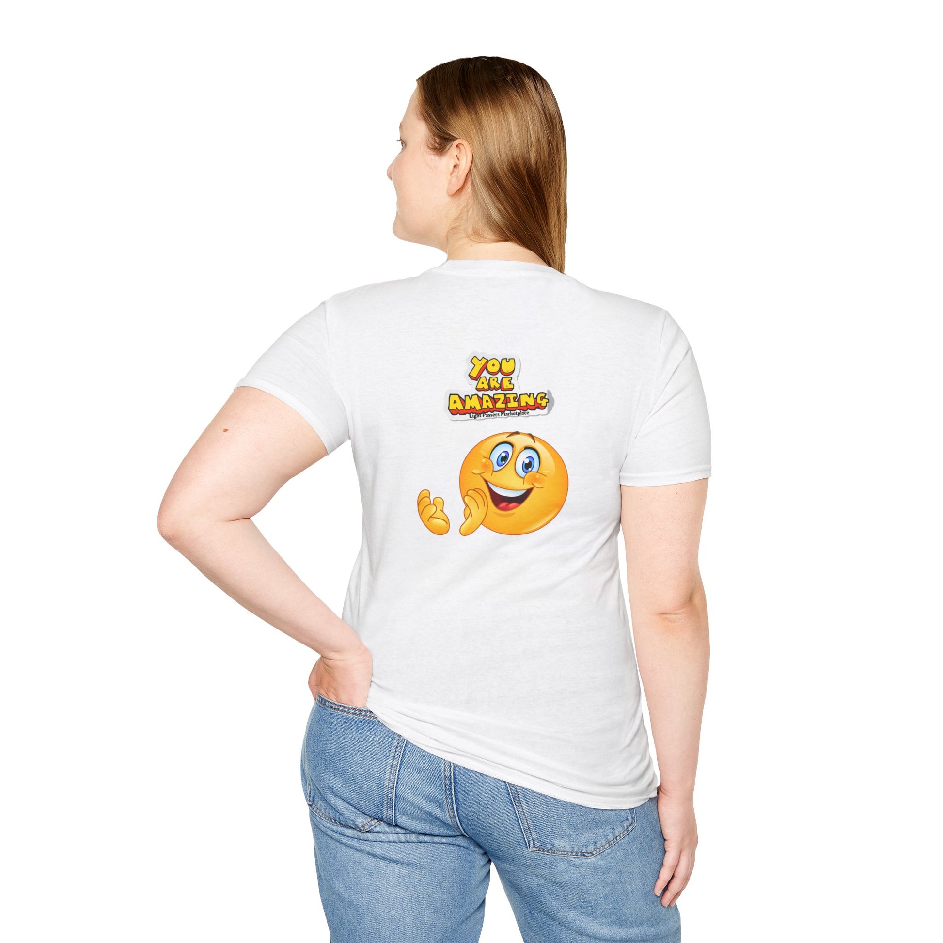 A unisex soft-style t-shirt featuring a smiley face graphic, made of 100% ring-spun cotton, with twill tape shoulders for durability and a ribbed collar. Ethically produced by Gildan.